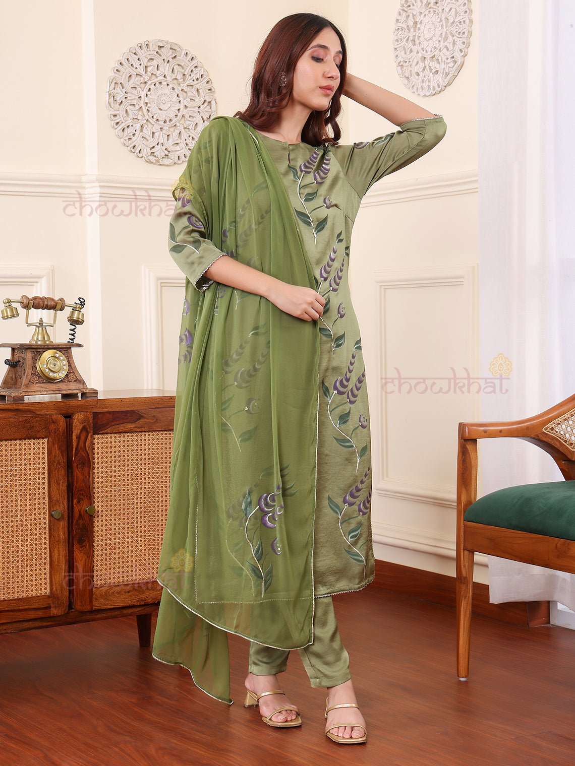 Kaya Hand Painted Satin Suit Set - Chowkhat Lifestyle