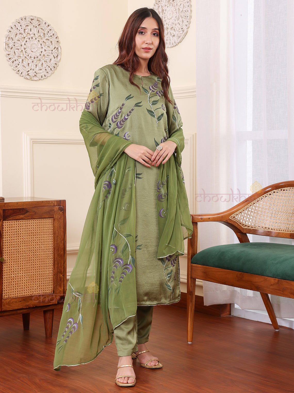 Kaya Hand Painted Satin Suit Set - Chowkhat Lifestyle