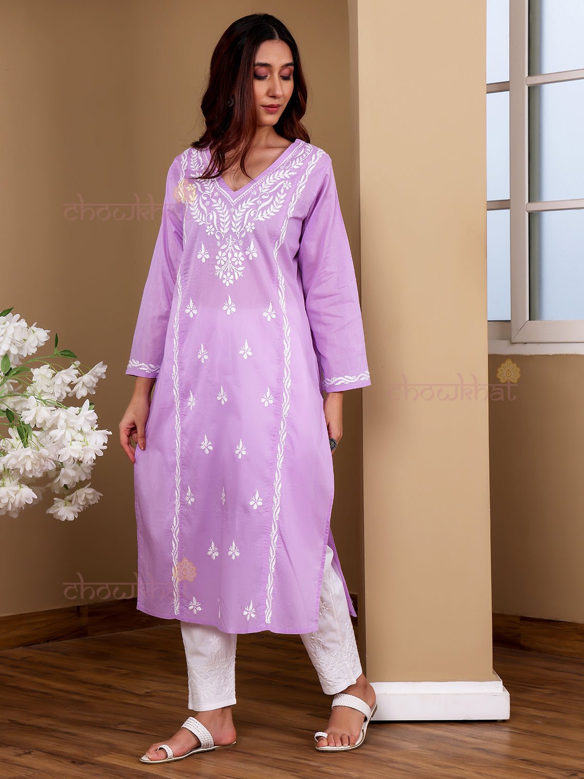 Aasma Mul Cotton Chikankari Long Kurti - Chowkhat Lifestyle