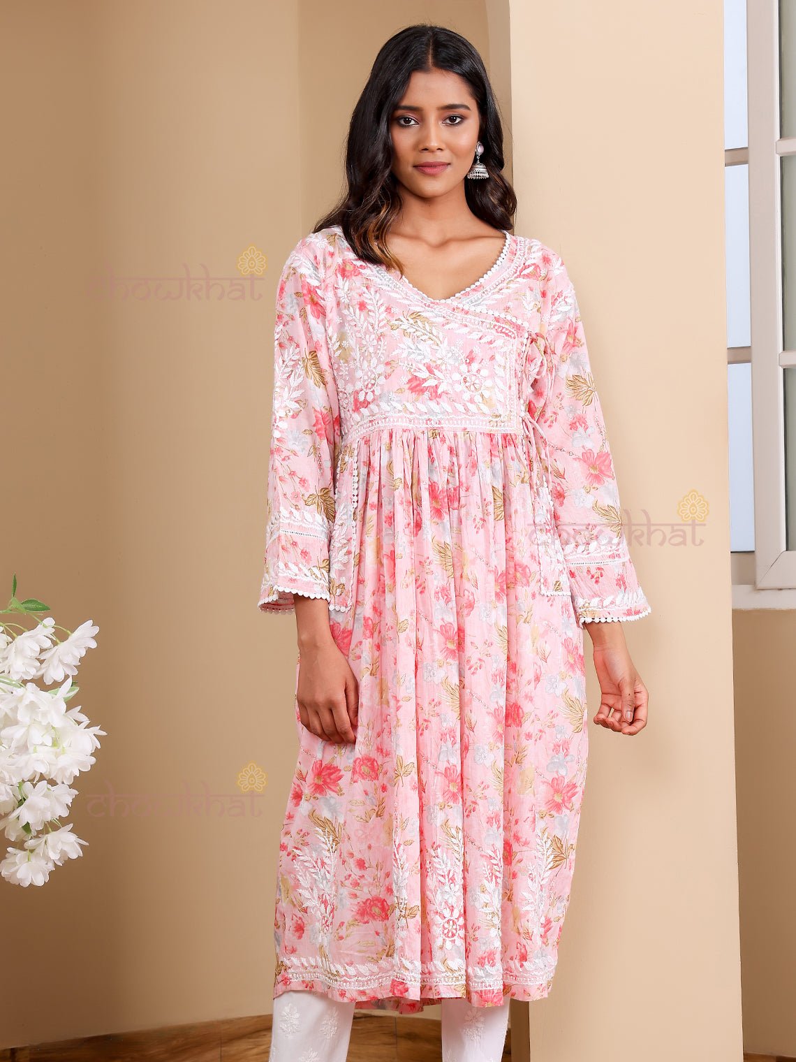 Kesar Angrakha Mul Cotton Chikankari Gown with pockets - Chowkhat Lifestyle