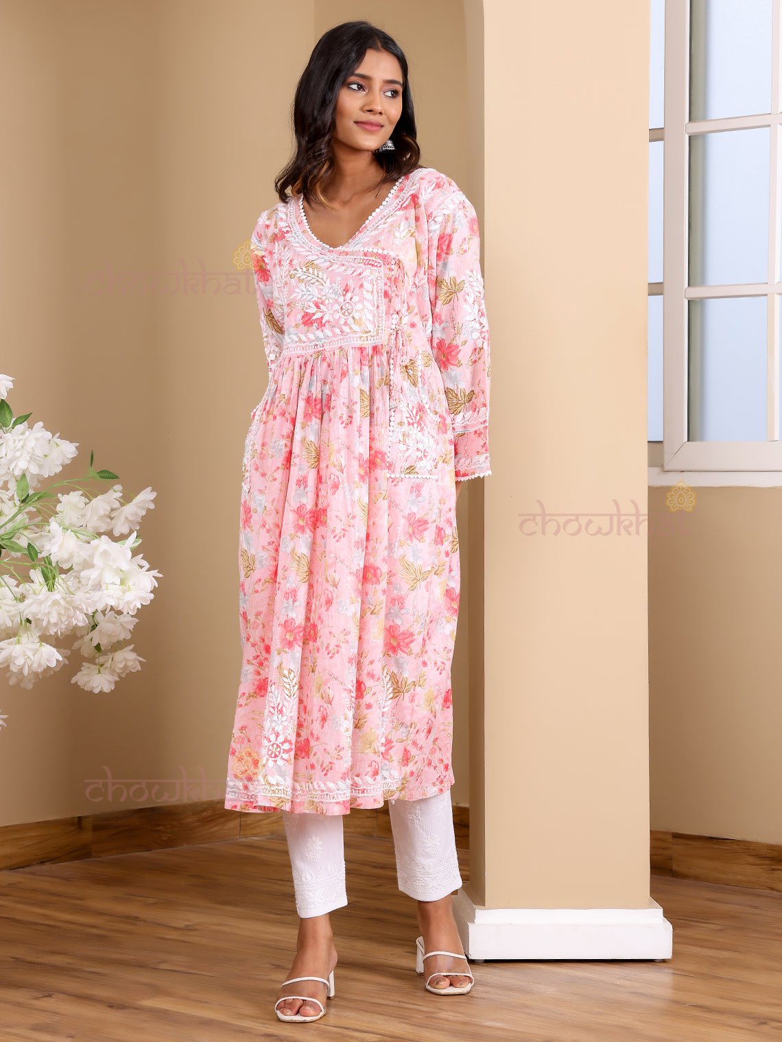 Kesar Angrakha Mul Cotton Chikankari Gown with pockets - Chowkhat Lifestyle