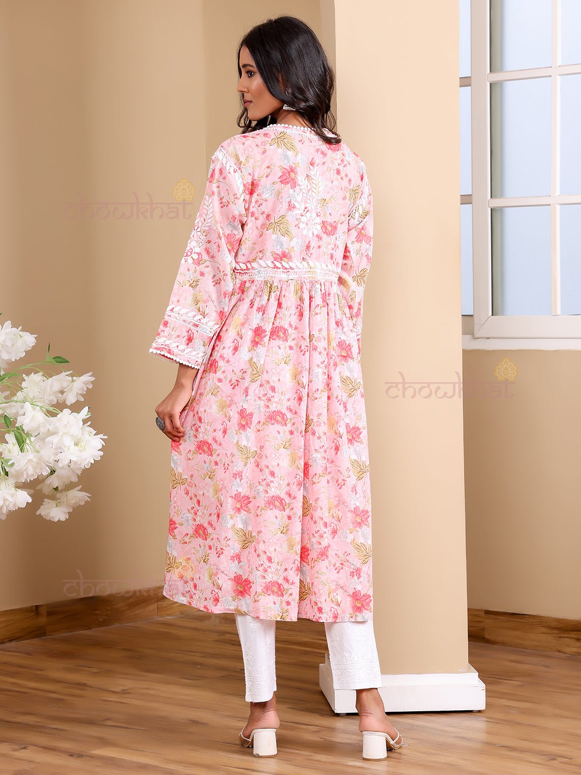 Kesar Angrakha Mul Cotton Chikankari Gown with pockets - Chowkhat Lifestyle