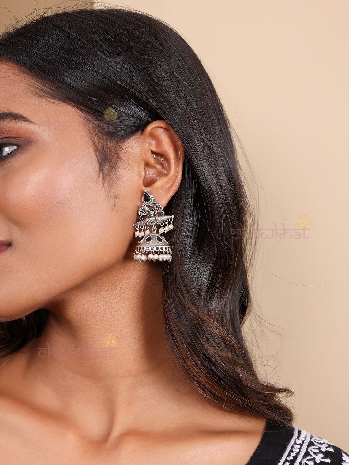 Paisley Embellished German Silver Jhumki Earrings - Chowkhat Lifestyle