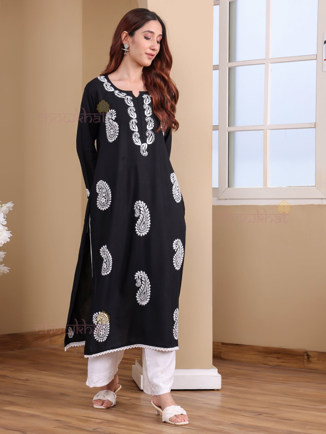 Riyaz Premium Rayon Long Chikankari Kurti - Chowkhat Lifestyle