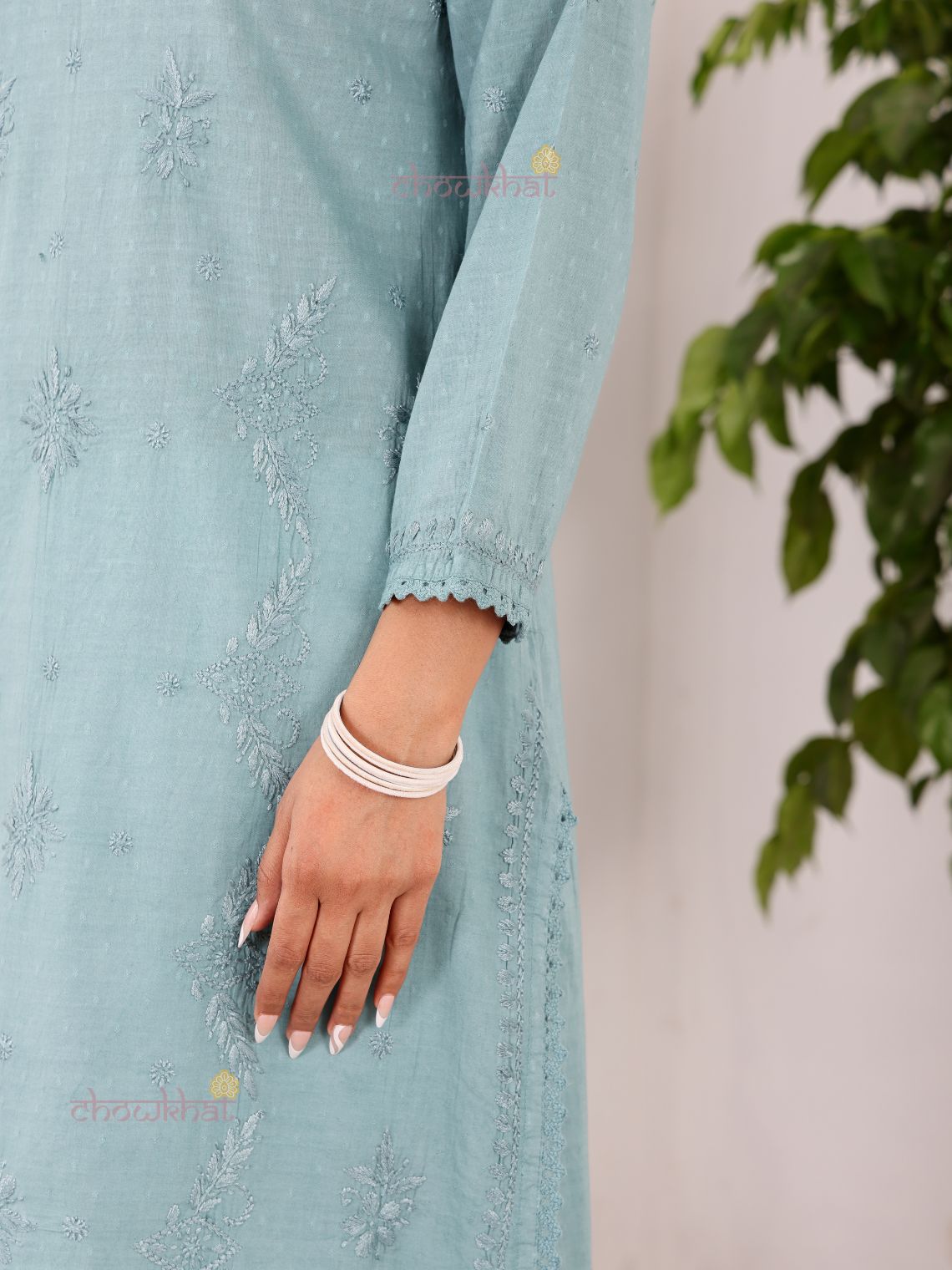Tara Cotton Dobby Straight Long Chikankari Kurti with pocket
