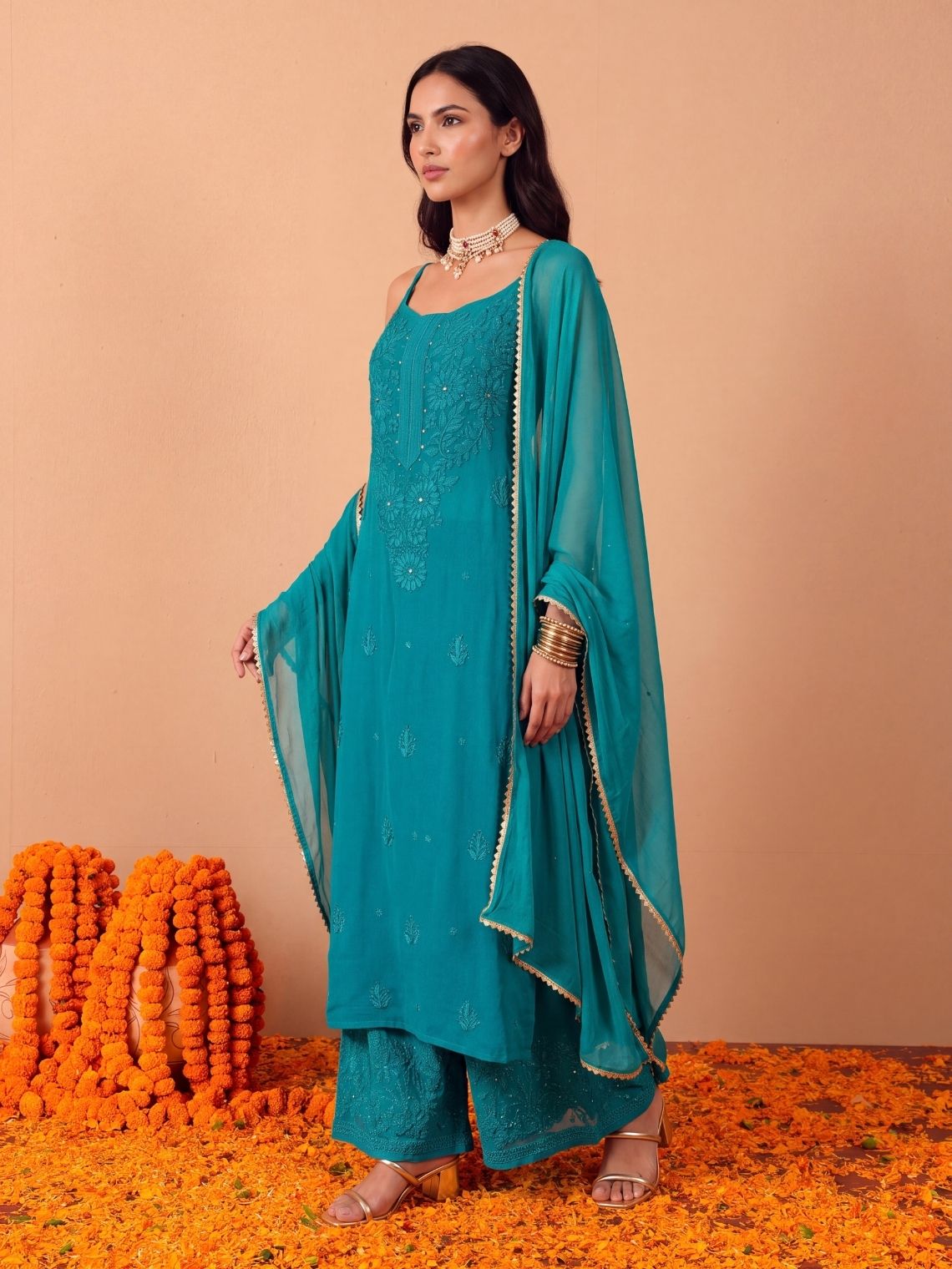 Viha Georgette Strap 3 Piece Suit Set with Mukaish Work - Chowkhat Lifestyle