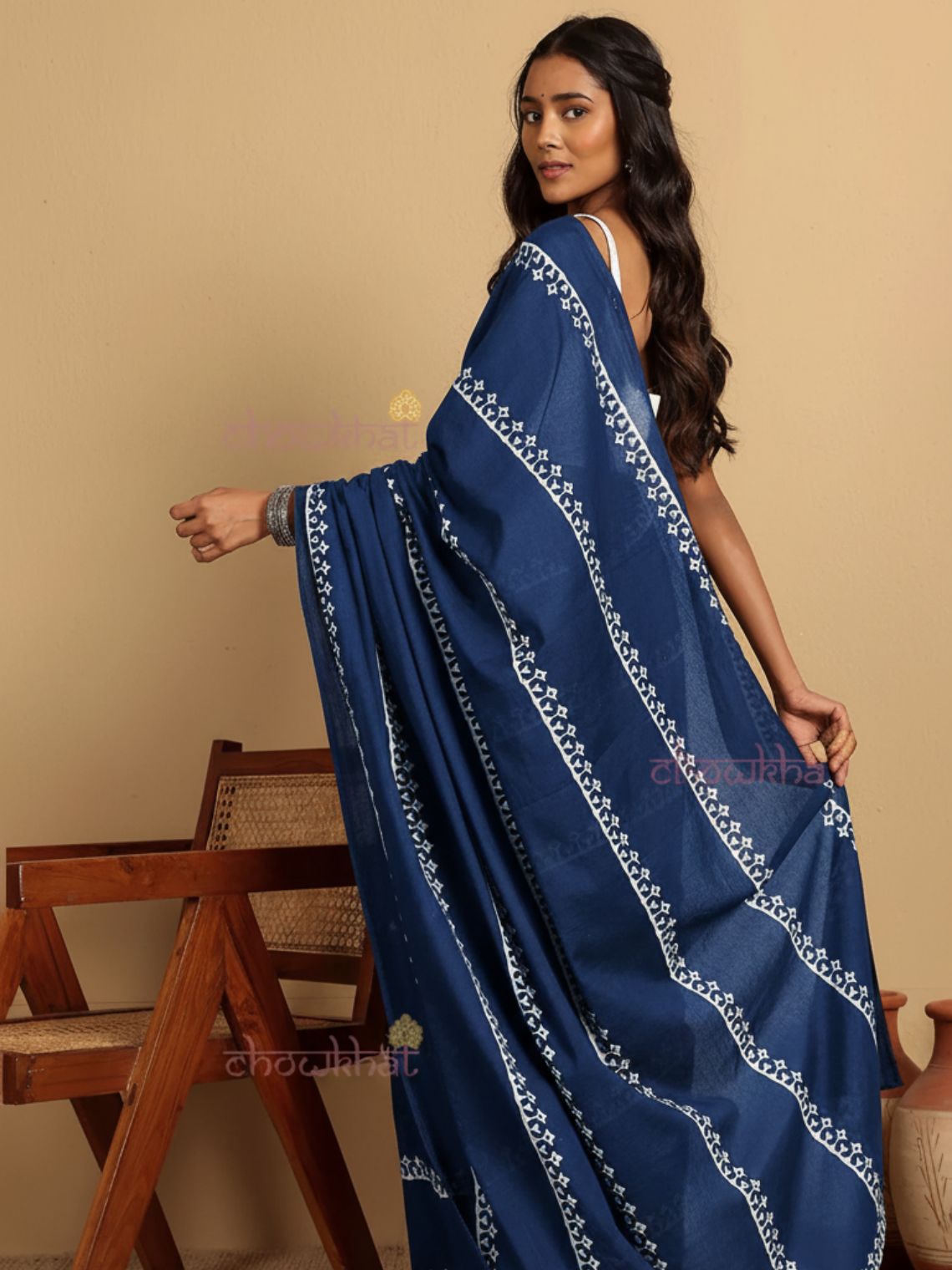 Falak Pre- Draped Hand Printed Mul Cotton Saree