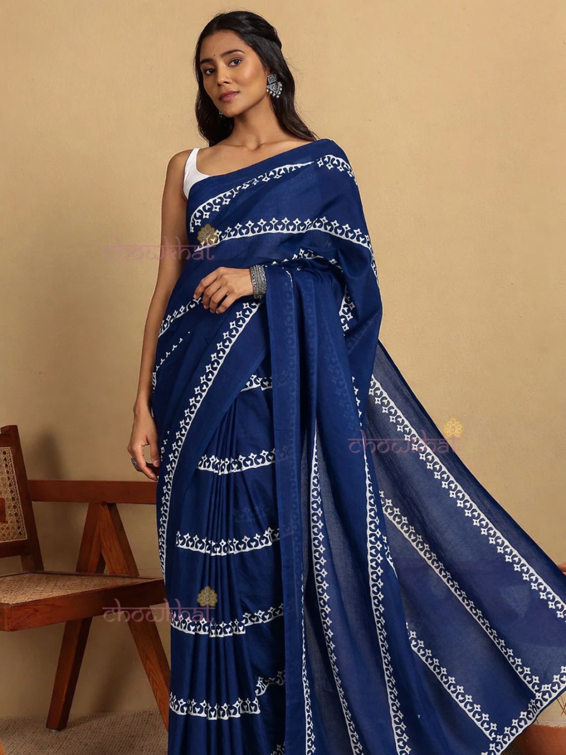 Falak Pre- Draped Hand Printed Mul Cotton Saree