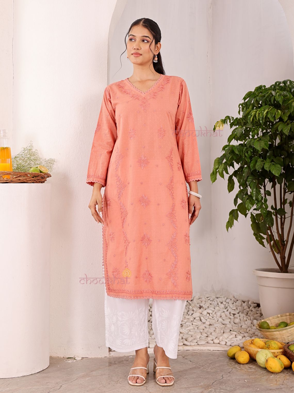 Tara Cotton Dobby Straight Long Chikankari Kurti with pocket - Chowkhat Lifestyle