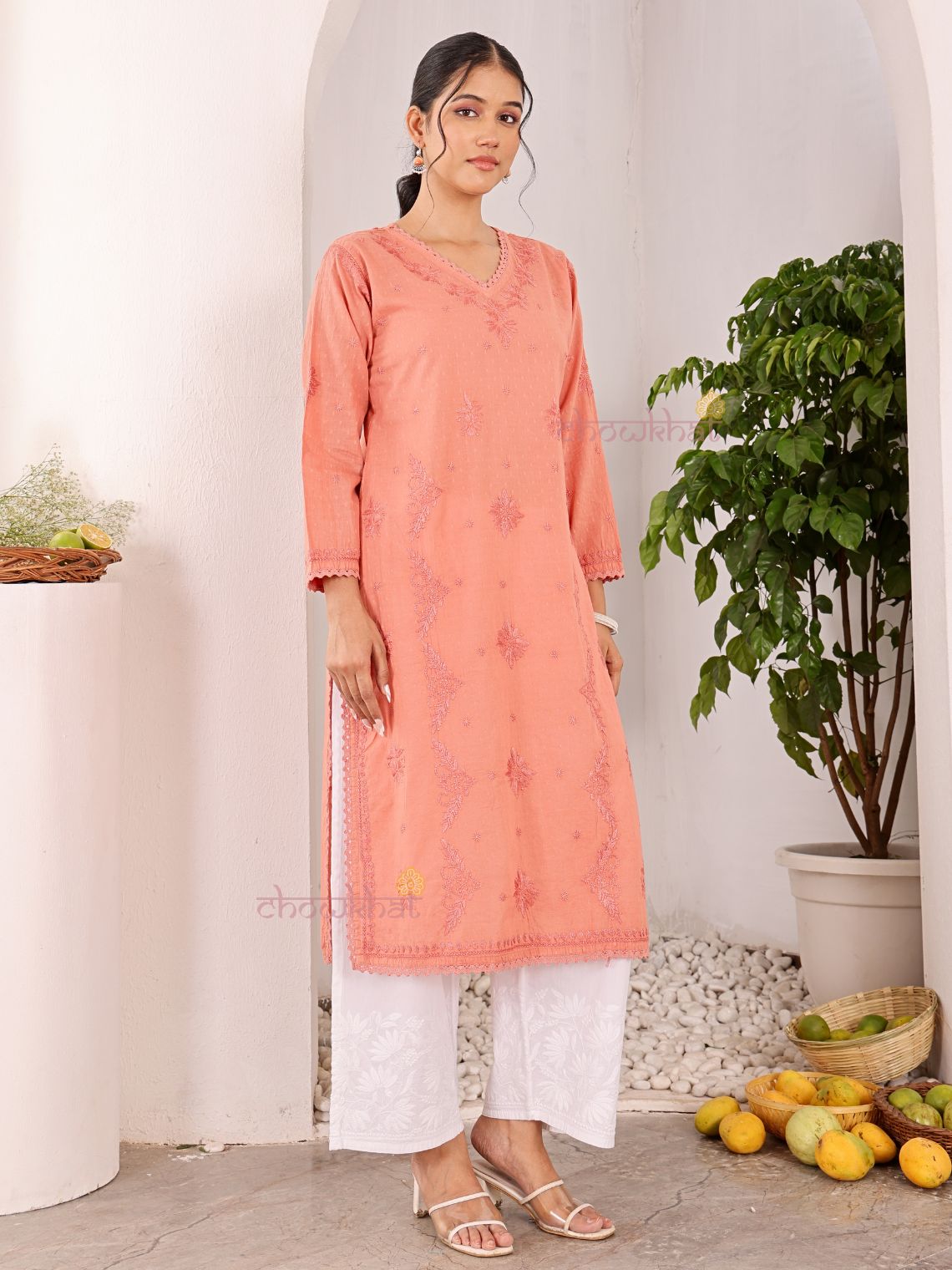 Tara Cotton Dobby Straight Long Chikankari Kurti with pocket - Chowkhat Lifestyle