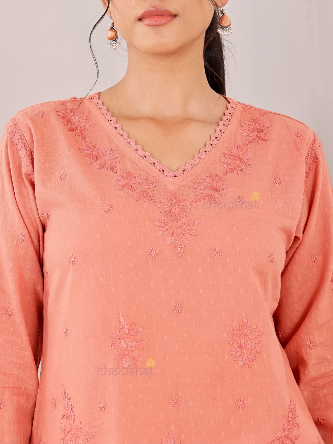 Tara Cotton Dobby Straight Long Chikankari Kurti with pocket - Chowkhat Lifestyle