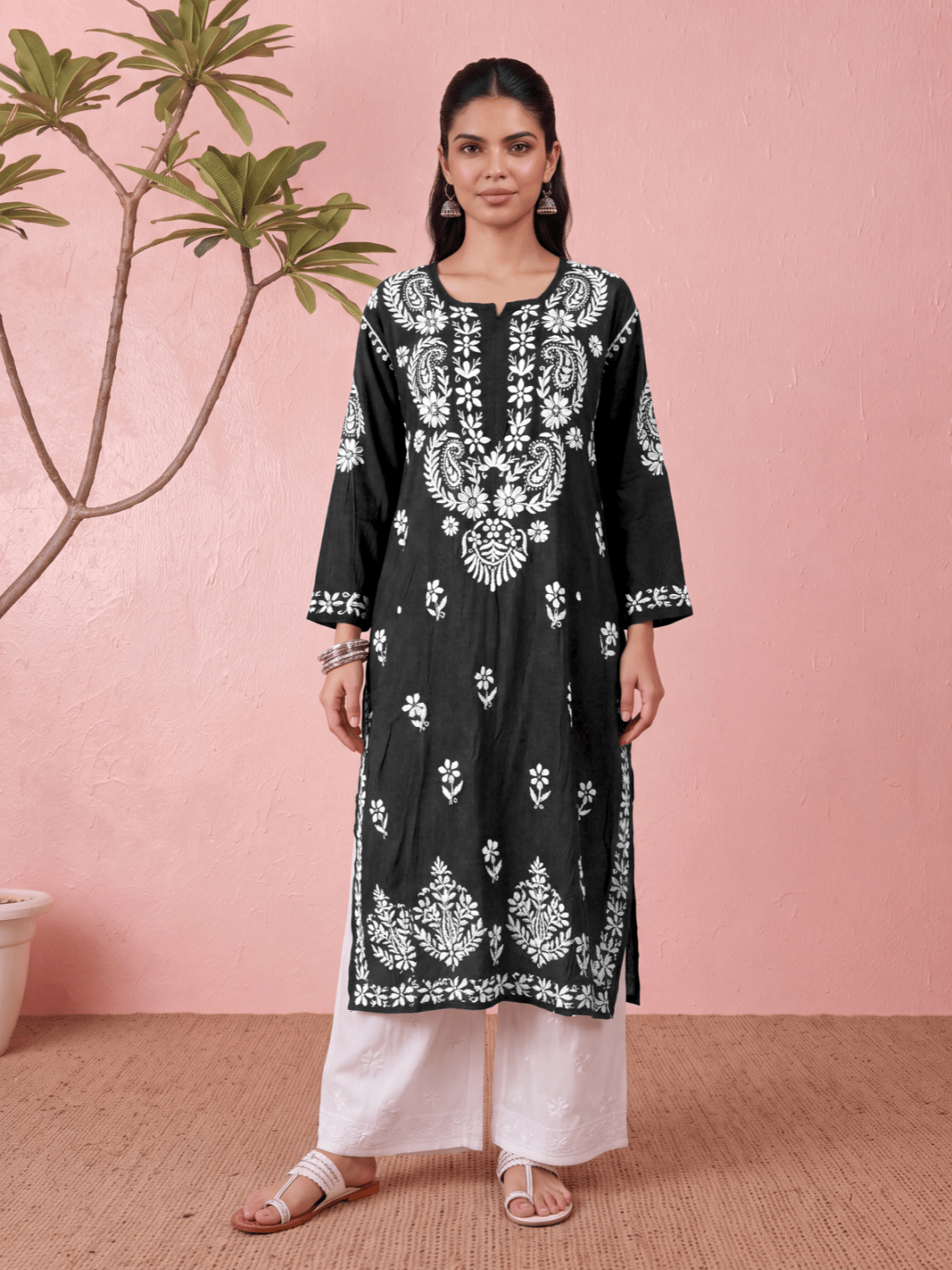 Niva Modal Straight Long Chikankari Kurti - Chowkhat Lifestyle