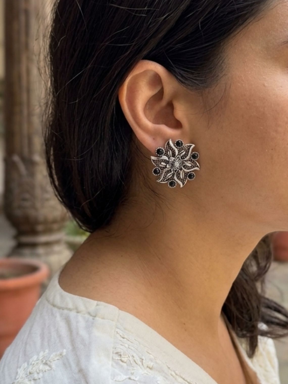 Flower German Oxidised Earrings - Chowkhat Lifestyle