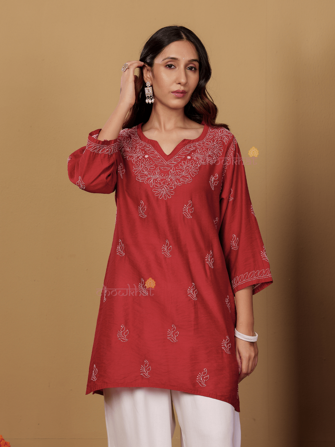 Azha Chanderi Straight Short Chikankari Kurti - Chowkhat Lifestyle