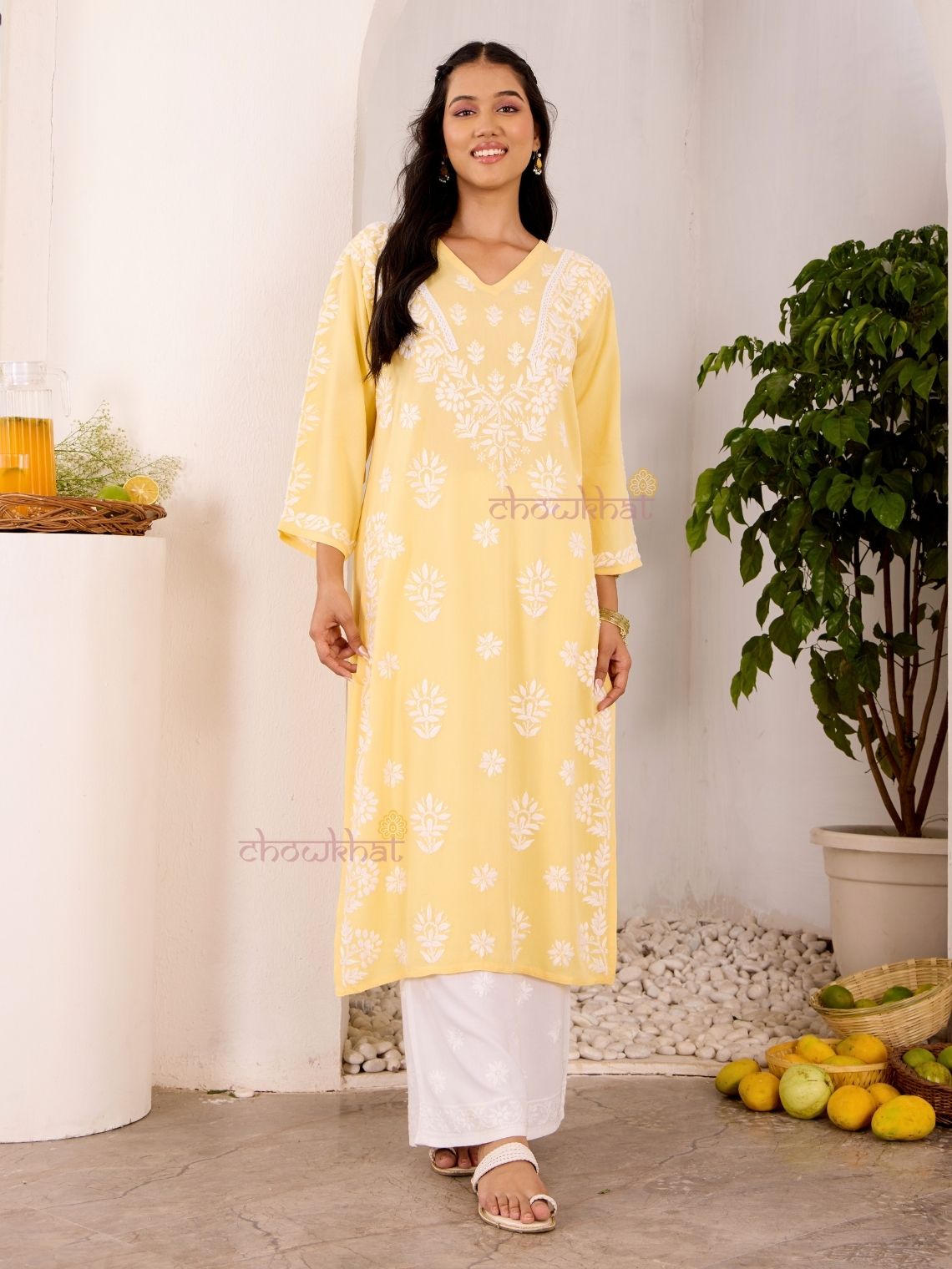 Navya Rayon Straight Chikankari Kurti with Lace - Chowkhat Lifestyle