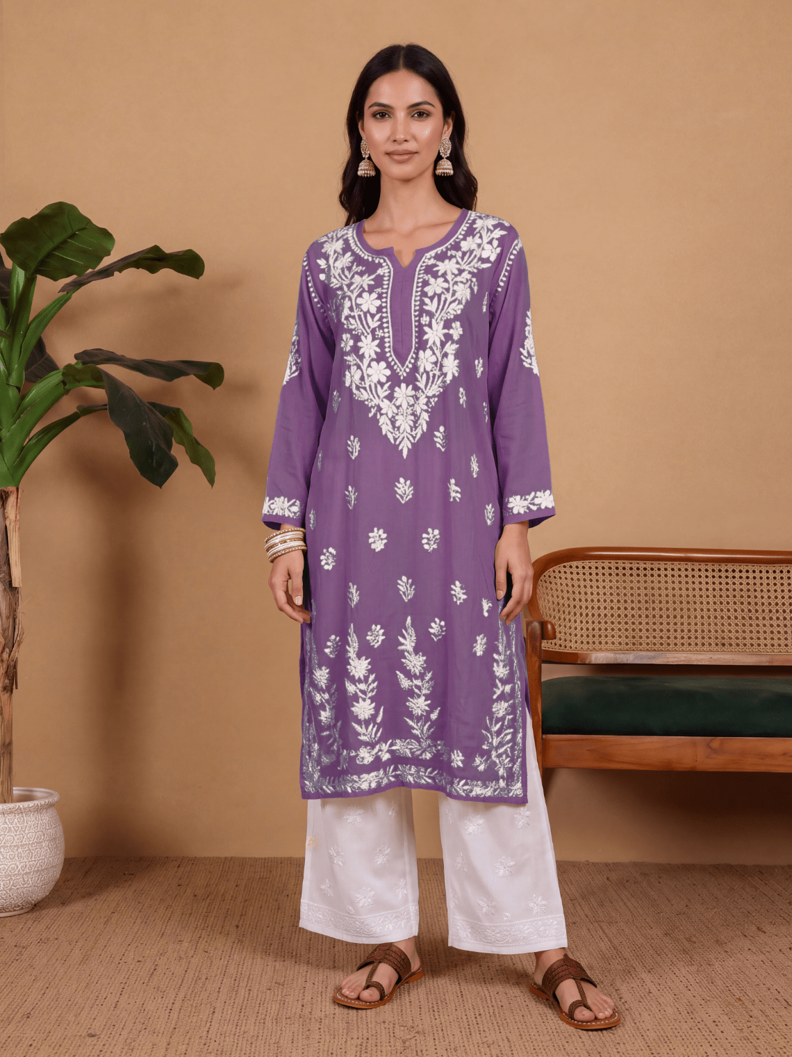 Nitara Modal Straight Long Chikankari Kurti - Chowkhat Lifestyle