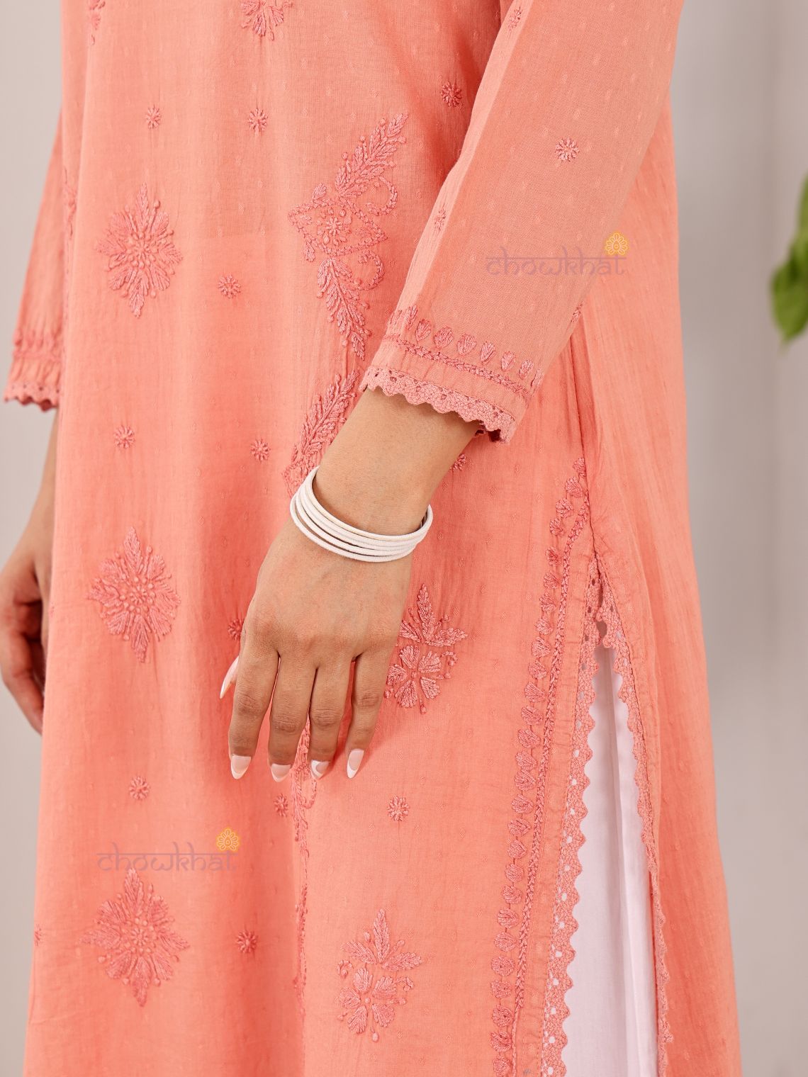 Tara Cotton Dobby Straight Long Chikankari Kurti with pocket - Chowkhat Lifestyle