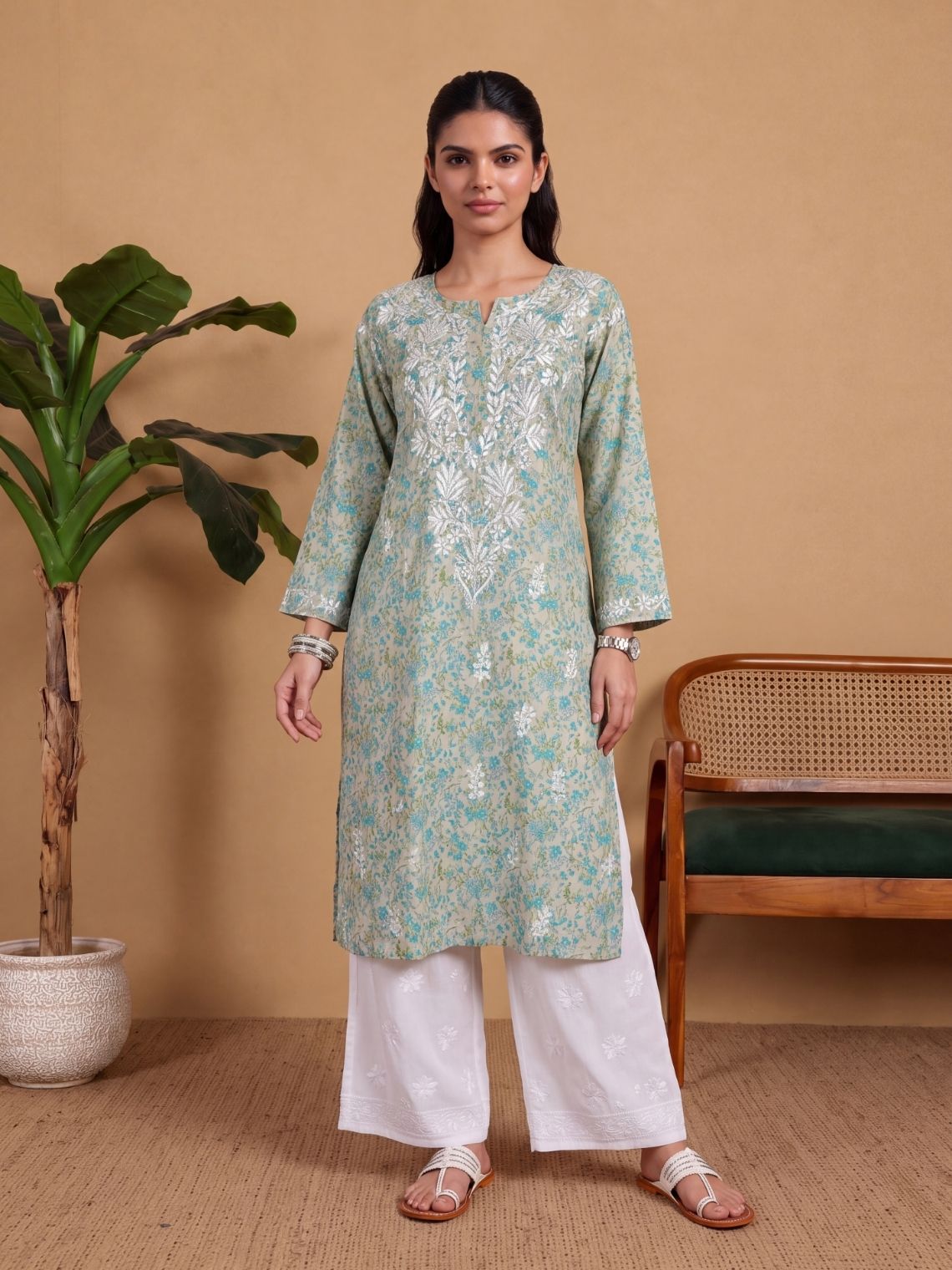 Nandini Cotton Straight Long Chikankari Kurti - Chowkhat Lifestyle