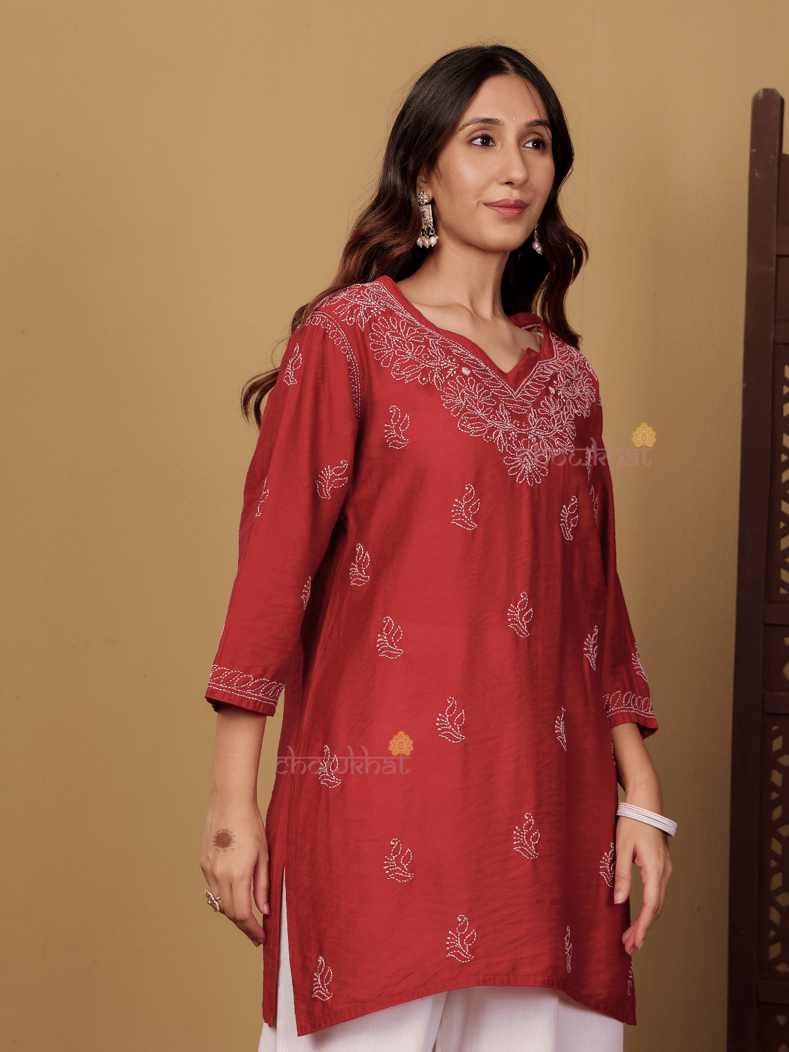 Azha Chanderi Straight Short Chikankari Kurti - Chowkhat Lifestyle