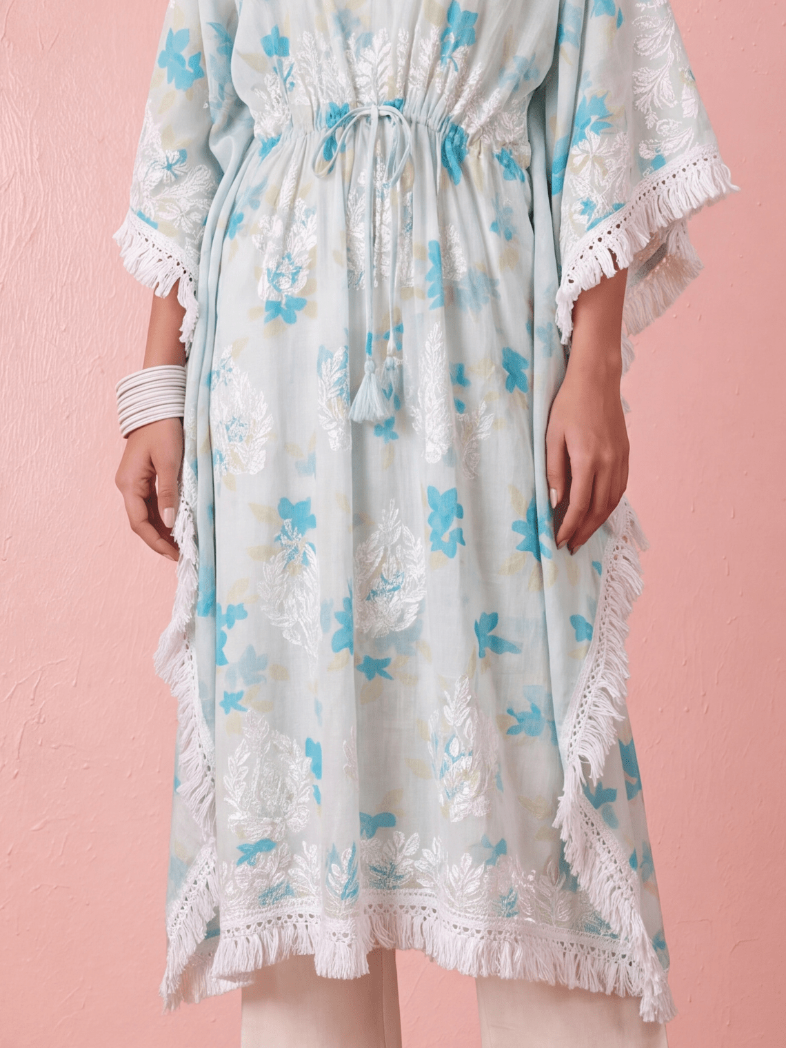 Vrinda Mul Cotton Long Chikankari Kaftan - Chowkhat Lifestyle