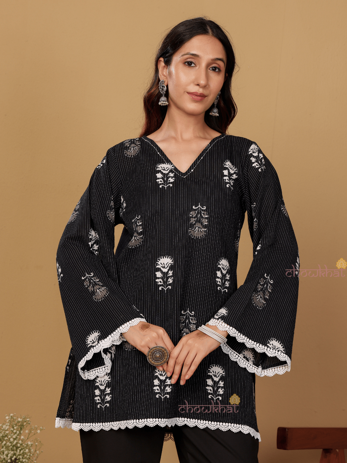 Kiara Short Hand Printed Cotton Kurti With Lace Detailing - Chowkhat Lifestyle