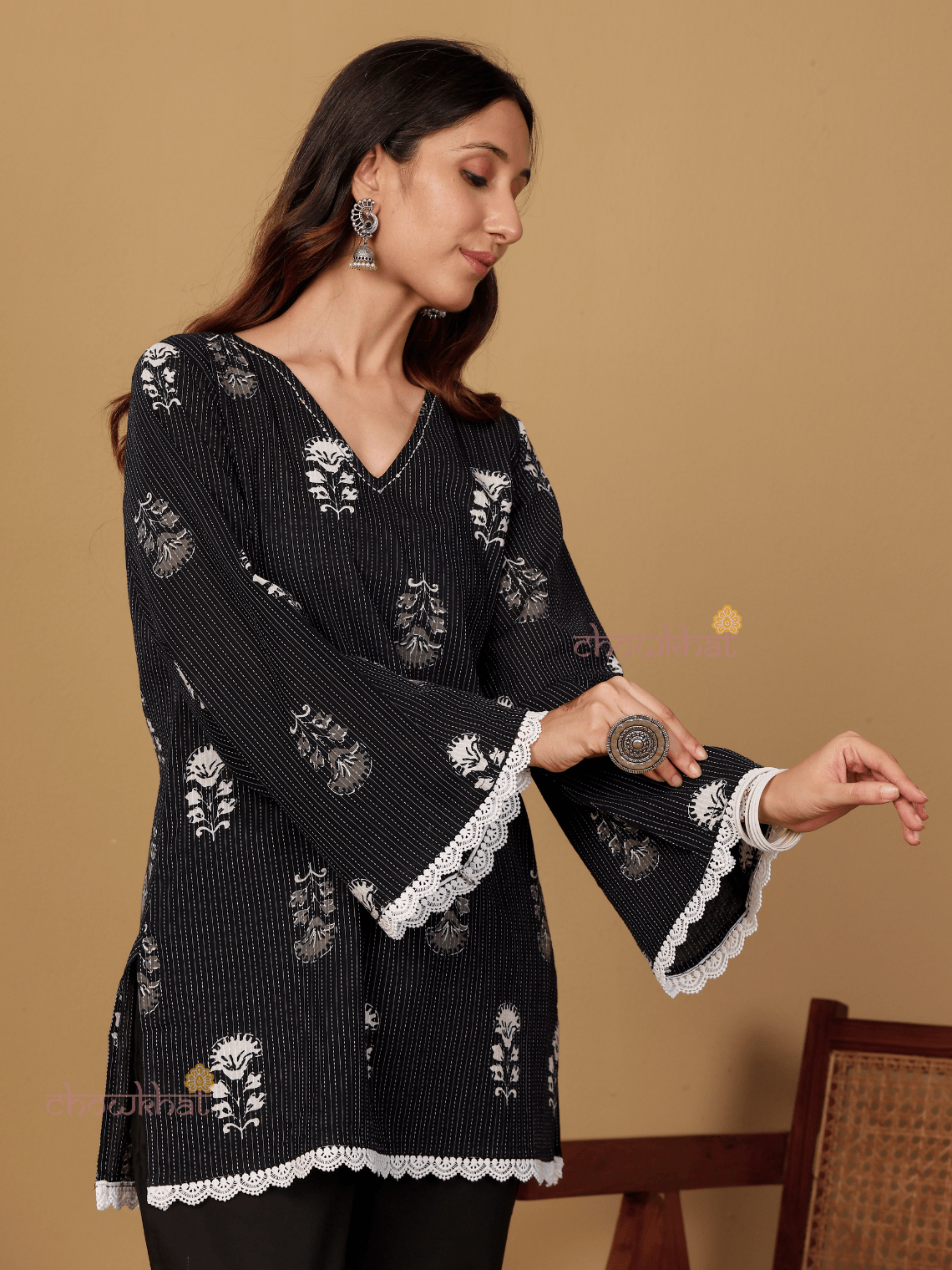 Kiara Short Hand Printed Cotton Kurti With Lace Detailing - Chowkhat Lifestyle