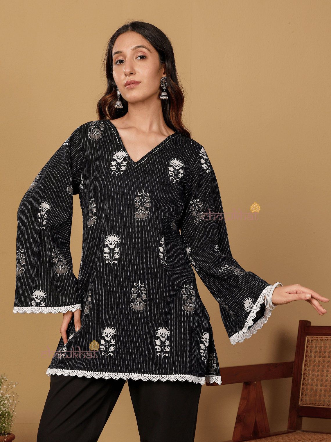 Kiara Short Hand Printed Cotton Kurti With Lace Detailing - Chowkhat Lifestyle