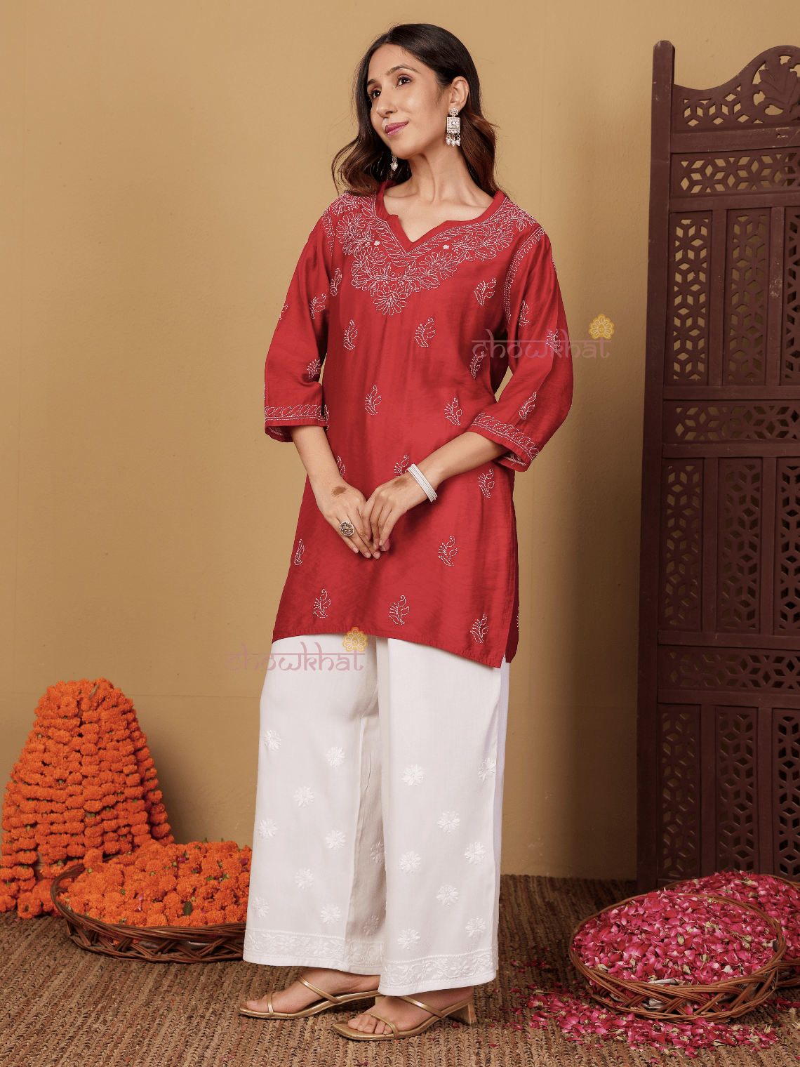 Azha Chanderi Straight Short Chikankari Kurti - Chowkhat Lifestyle