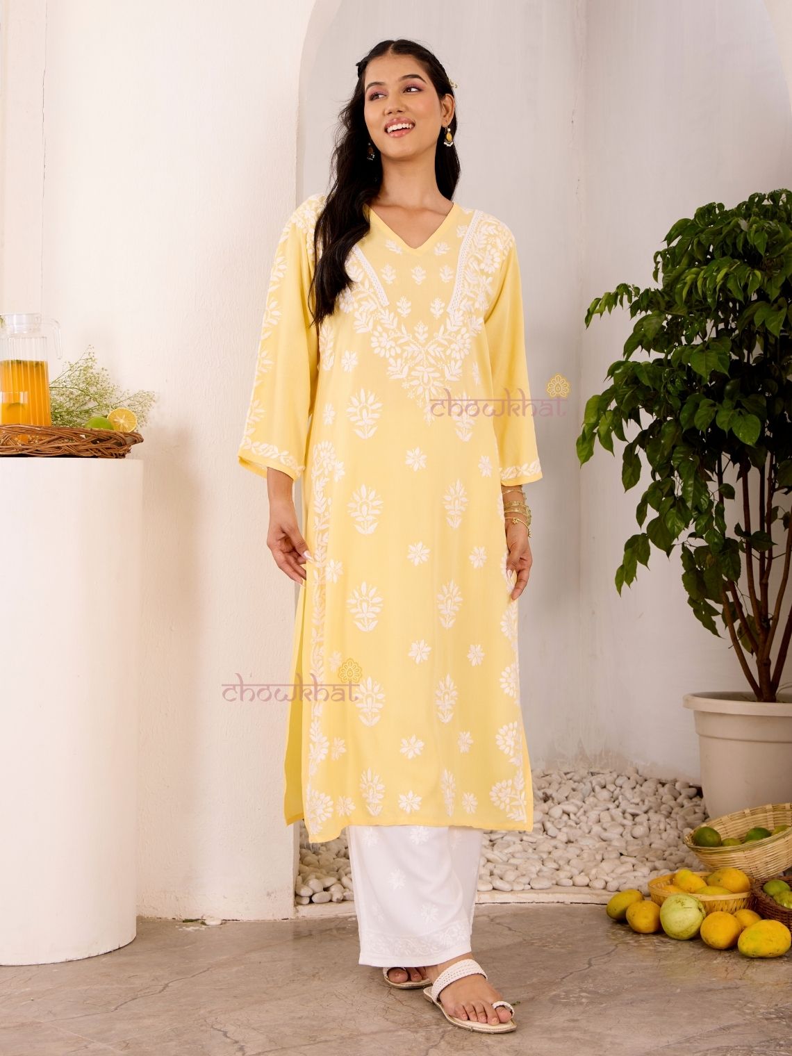 Navya Rayon Straight Chikankari Kurti with Lace - Chowkhat Lifestyle