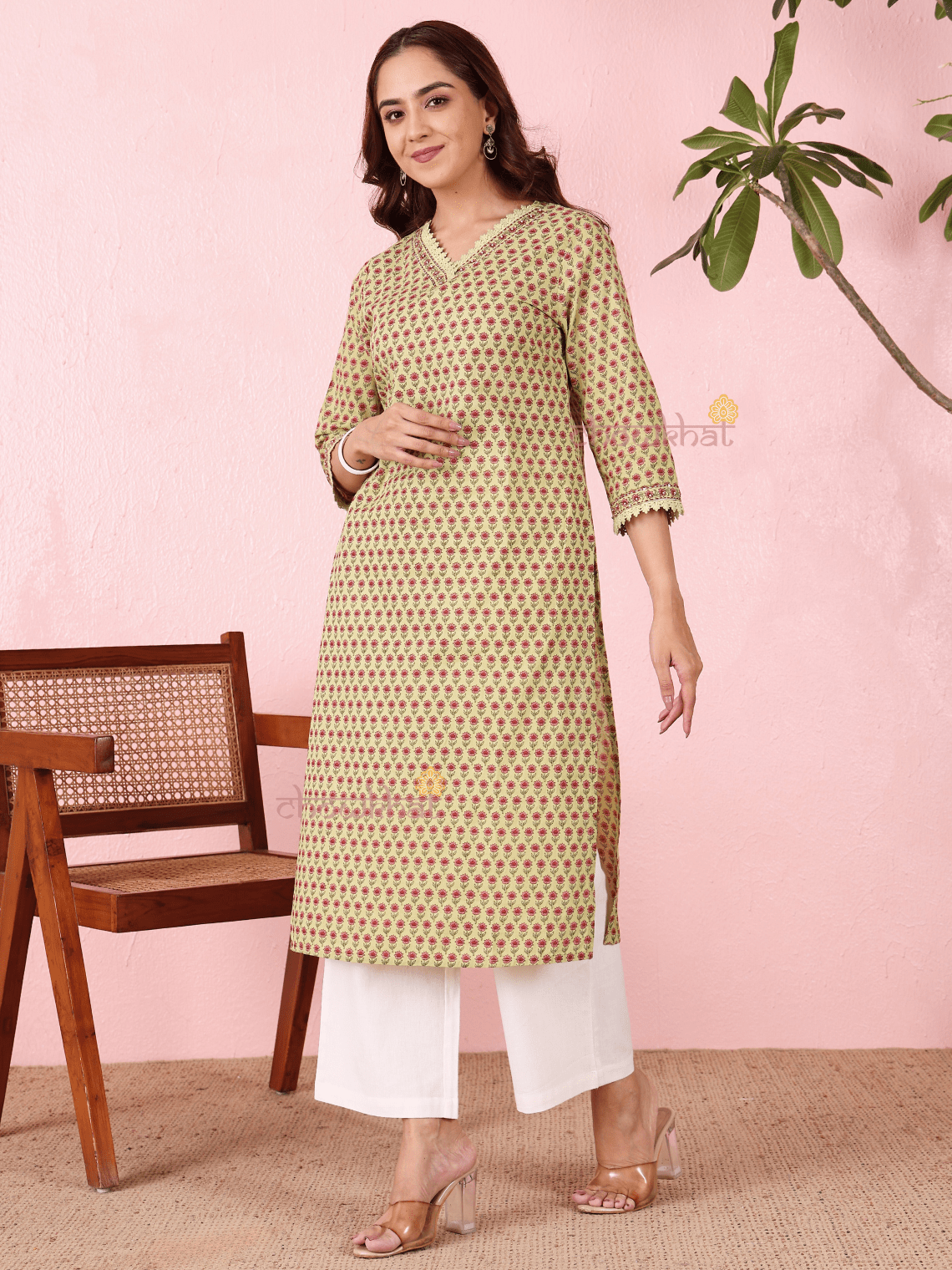 Vedika Cotton Hand Printed Straight Kurti With Handwork - Chowkhat Lifestyle
