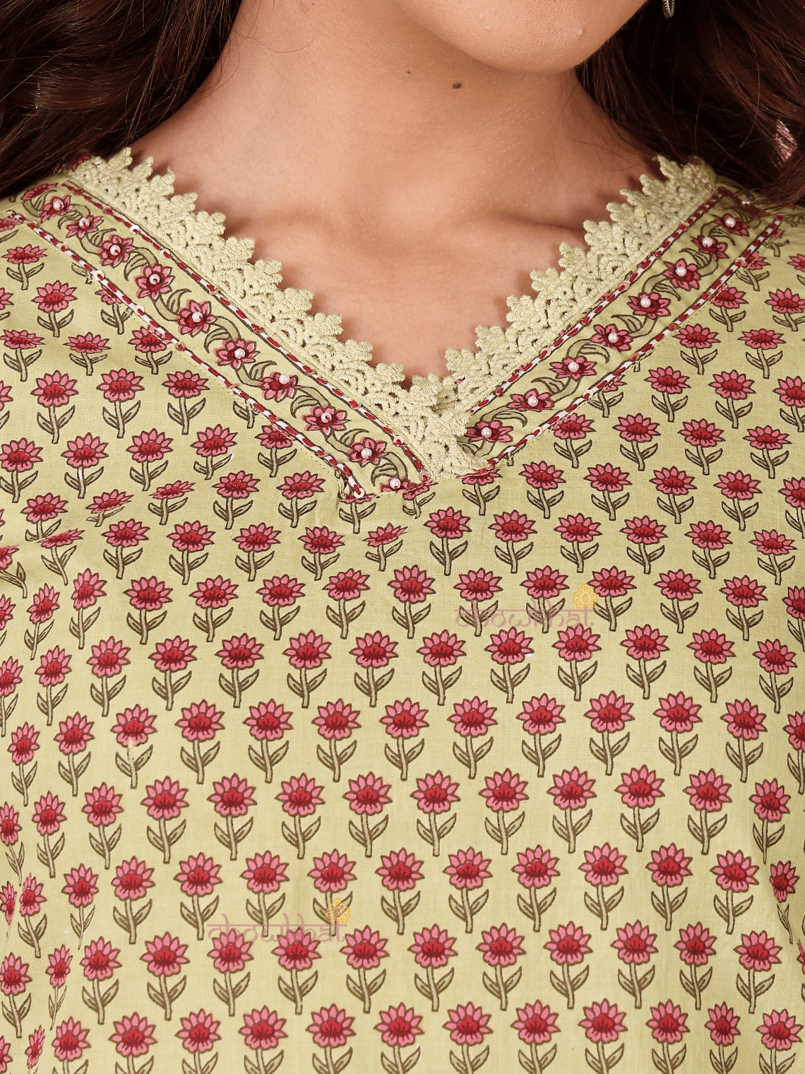 Vedika Cotton Hand Printed Straight Kurti With Handwork - Chowkhat Lifestyle