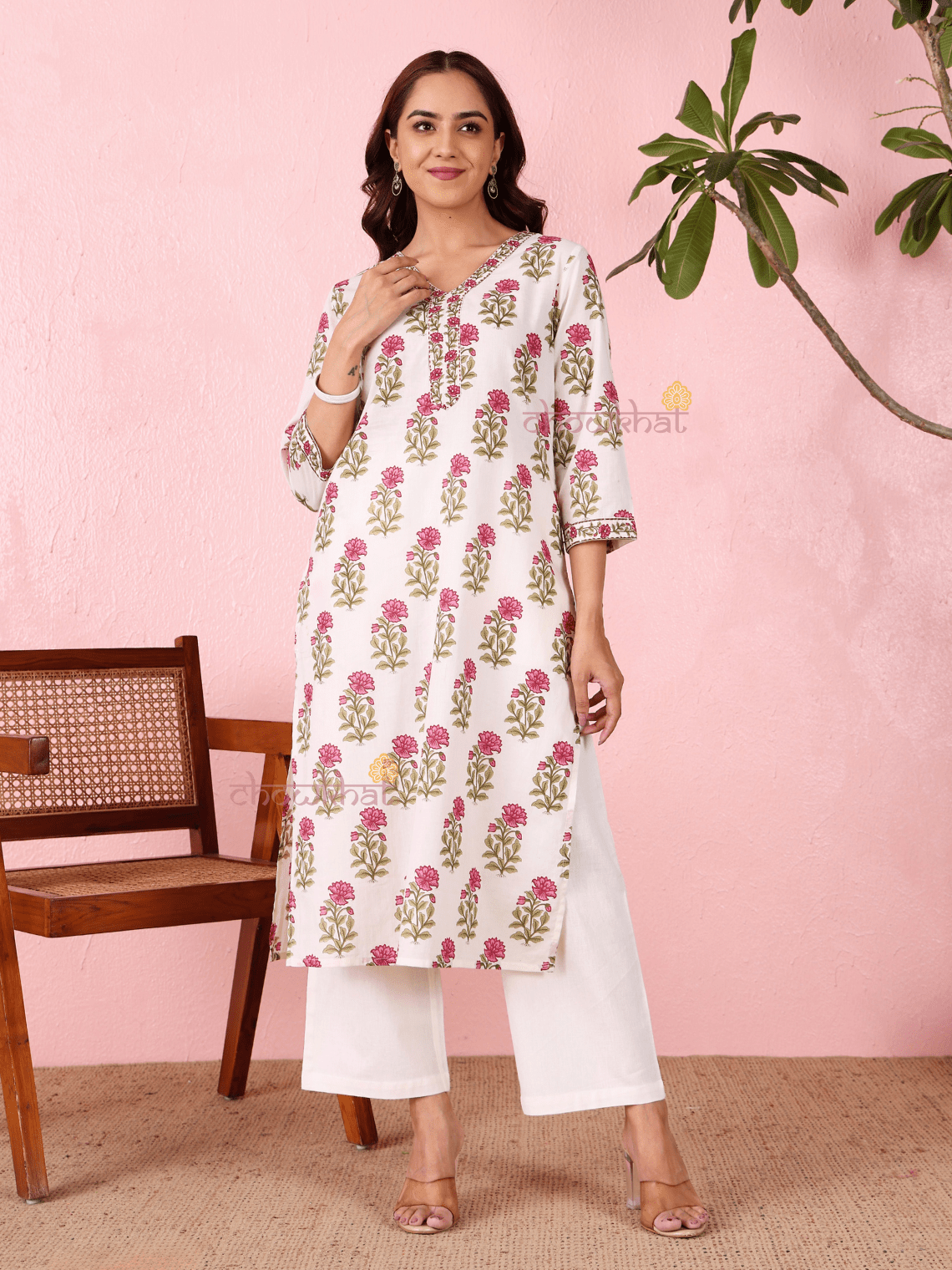 Akrita Cotton Hand Printed Straight Kurti With Handwork - Chowkhat Lifestyle