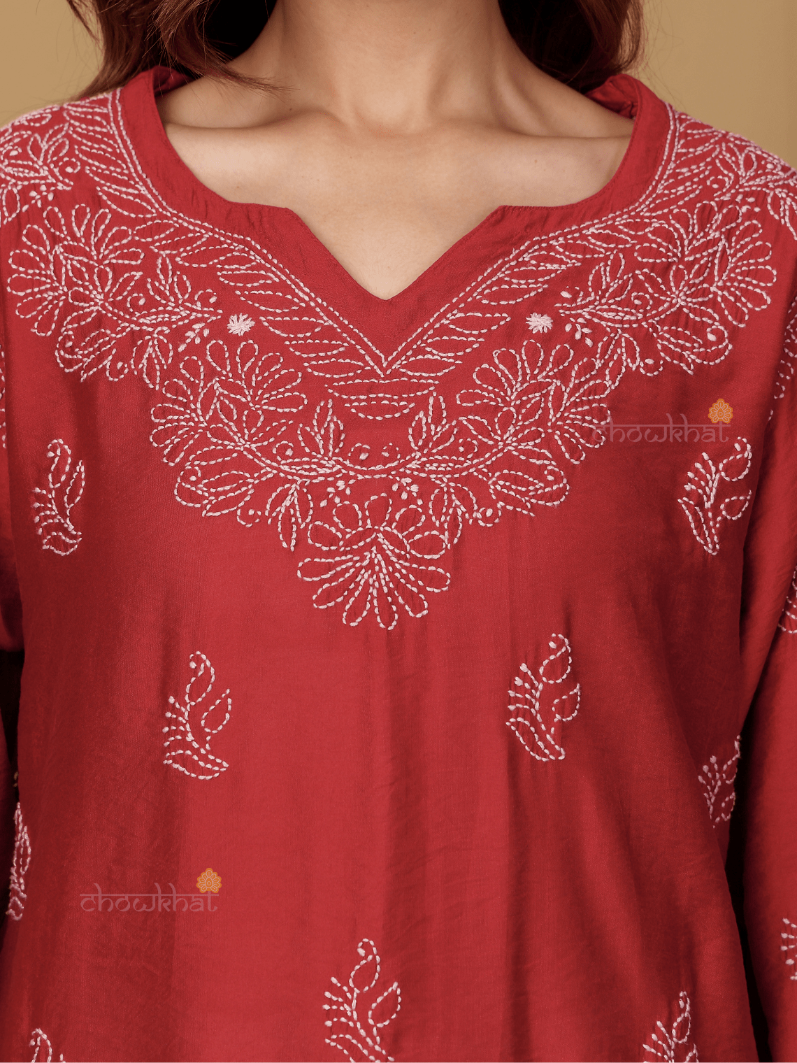 Azha Chanderi Straight Short Chikankari Kurti - Chowkhat Lifestyle