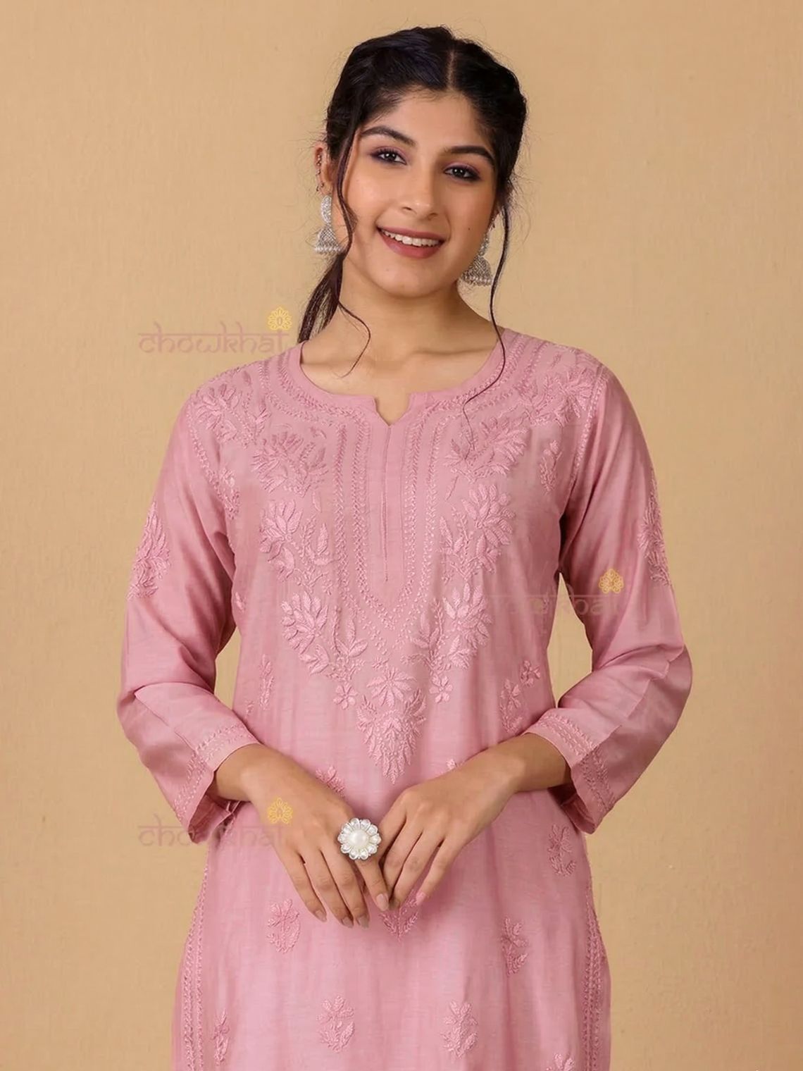 Maya Chanderi Chikankari Straight Kurti - Chowkhat Lifestyle