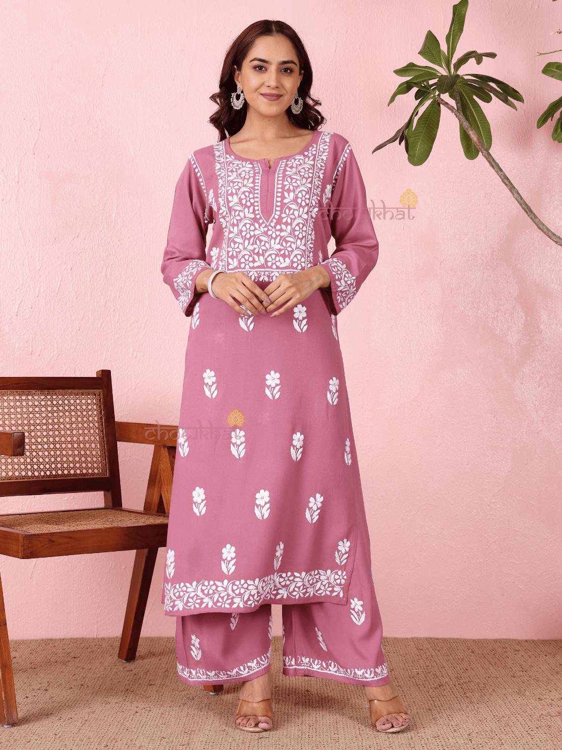 Lara Premium Rayon Straight Chikankari Kurti & Palazzo Set - Chowkhat Lifestyle