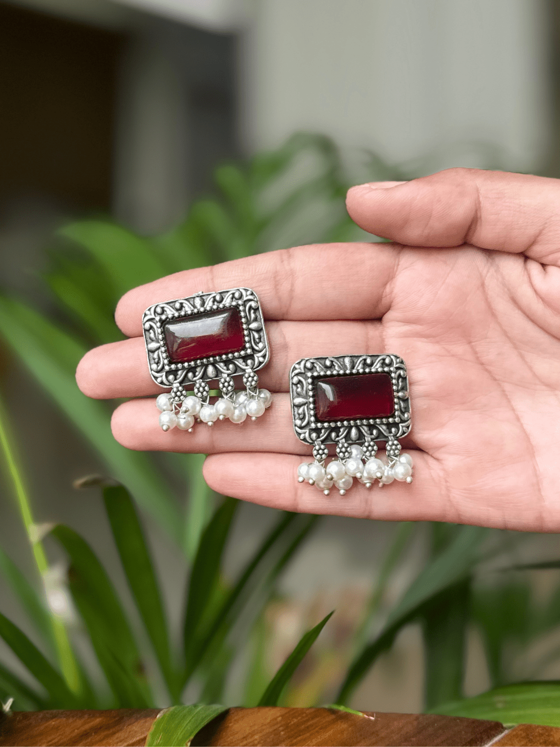 Oxidised German Silver Rectangular Pearl Earrings - Chowkhat Lifestyle