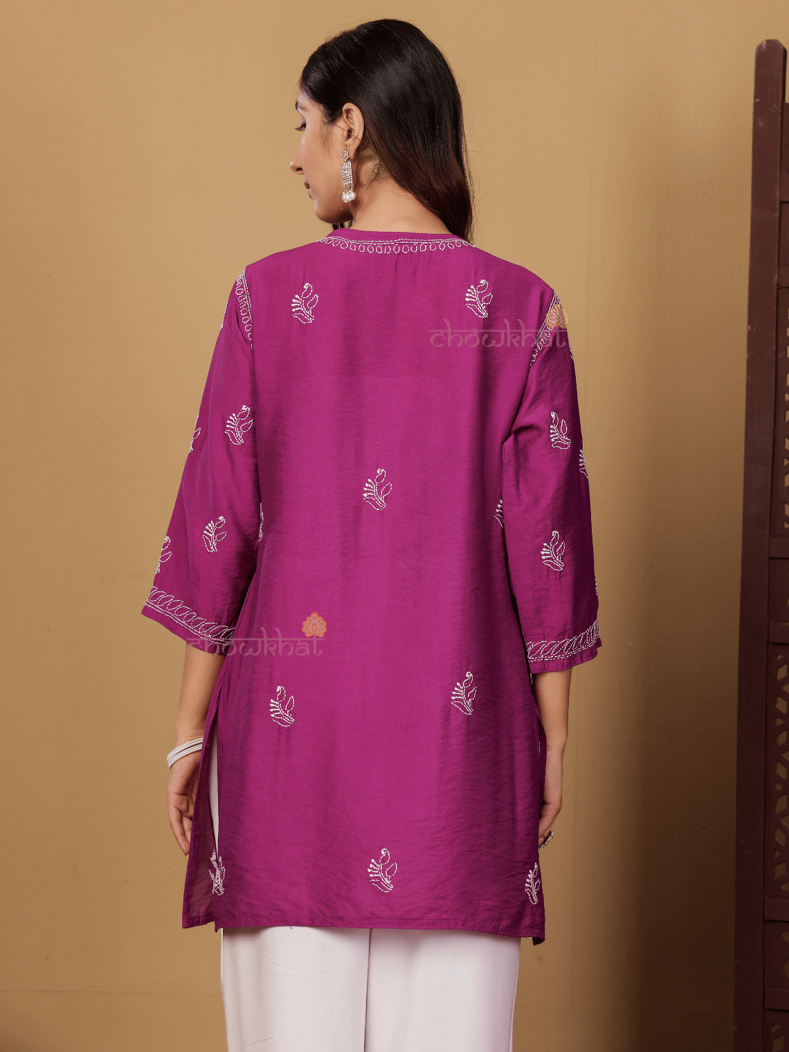 Azha Chanderi Straight Short Chikankari Kurti - Chowkhat Lifestyle