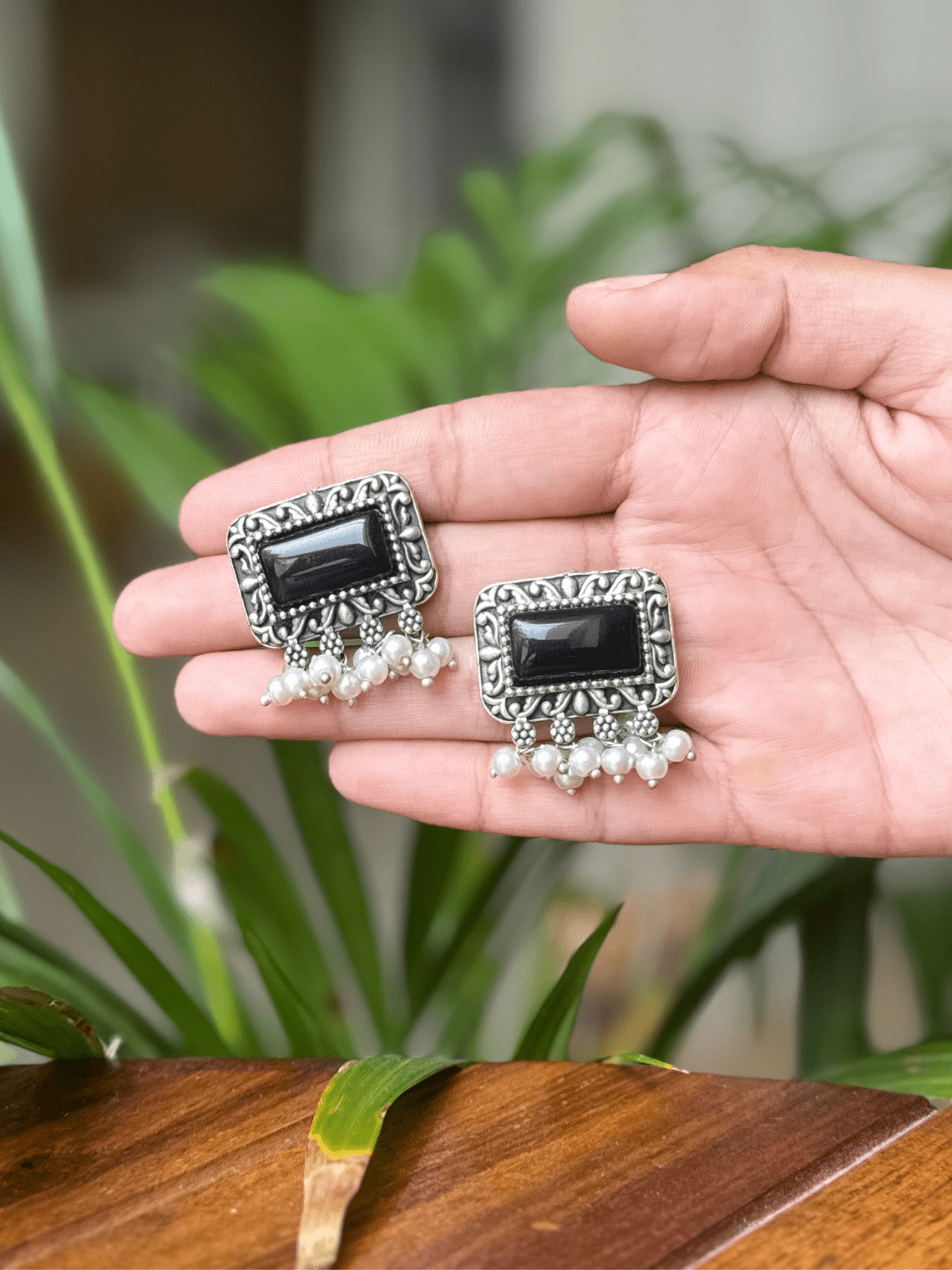 Oxidised German Silver Rectangular Pearl Earrings - Chowkhat Lifestyle