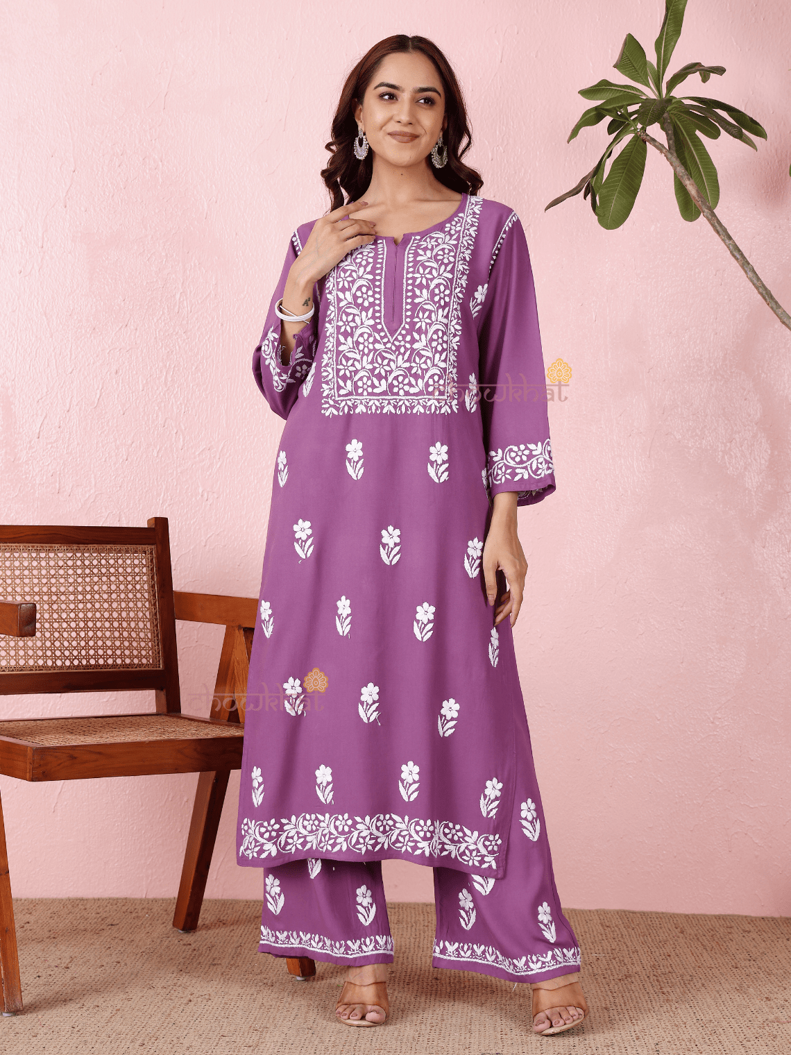 Lara Premium Rayon Straight Chikankari Kurti & Palazzo Set - Chowkhat Lifestyle