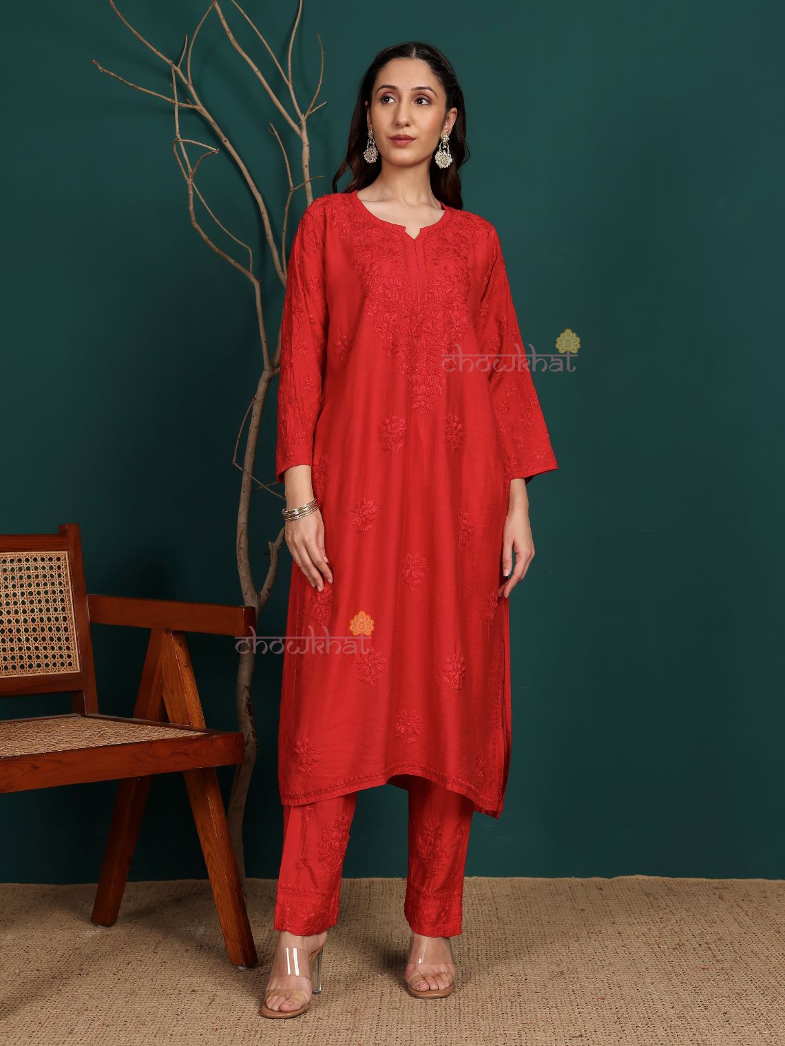 Ruhani Premium Chanderi Chikankari Kurti & Palazzo Set