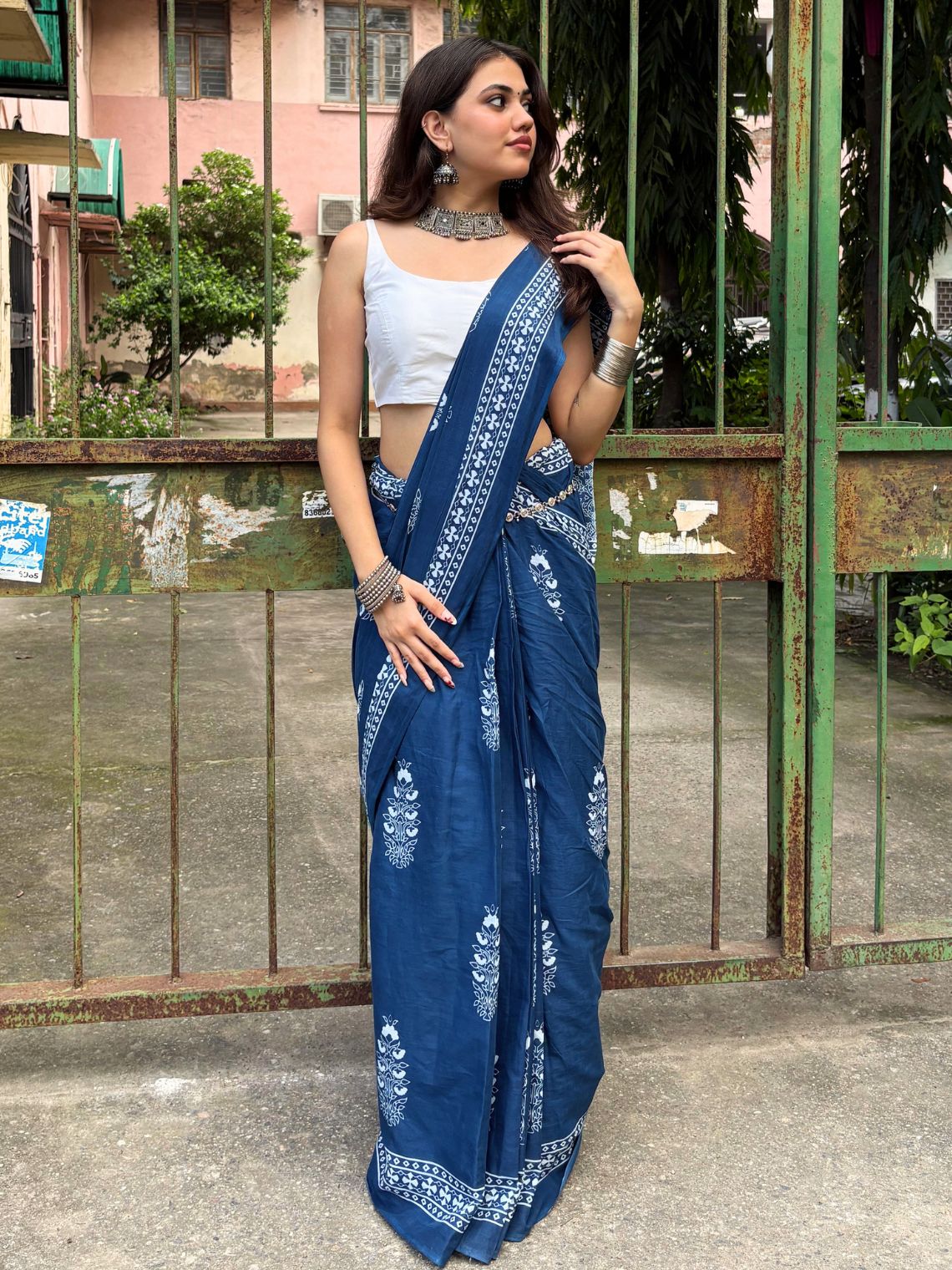 Nargis Pre- Draped Hand Printed Mul Cotton Saree - Chowkhat Lifestyle