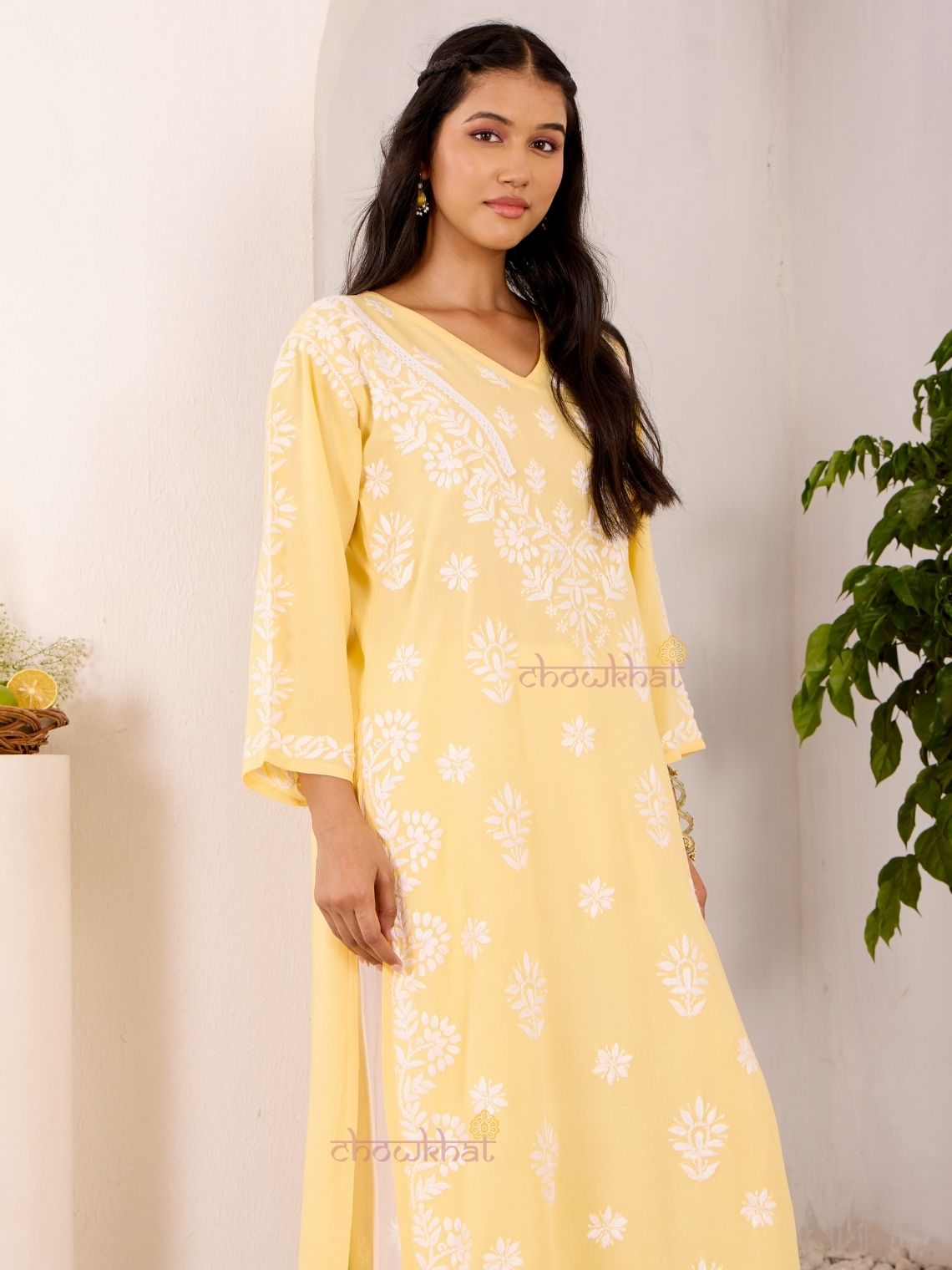 Navya Rayon Straight Chikankari Kurti with Lace - Chowkhat Lifestyle