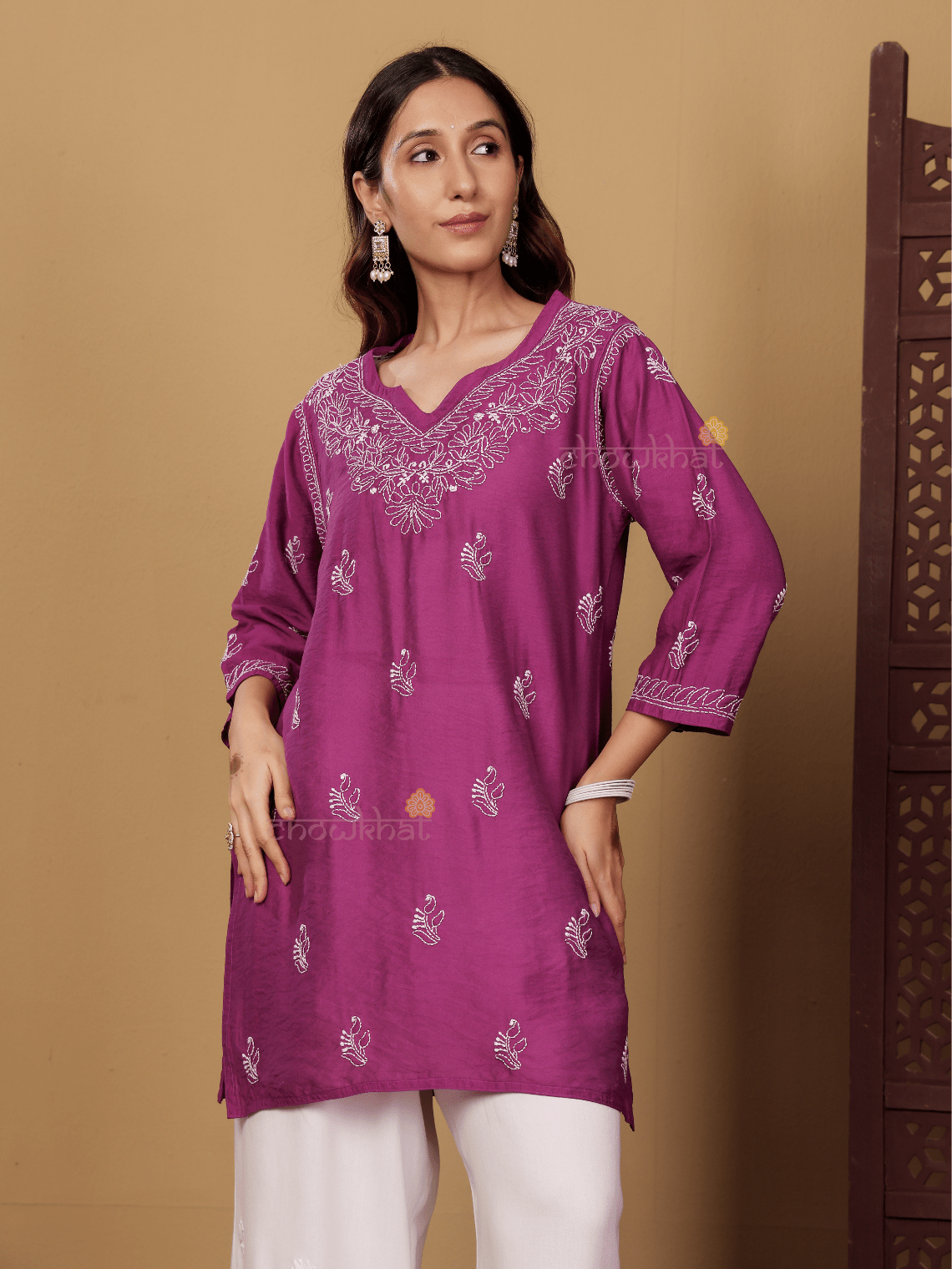 Azha Chanderi Straight Short Chikankari Kurti - Chowkhat Lifestyle