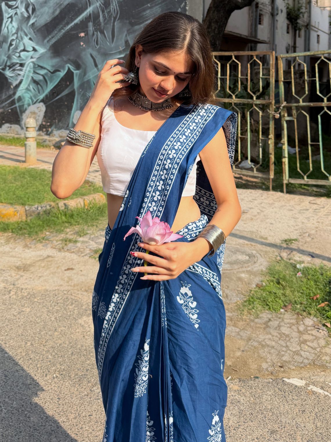Nargis Pre- Draped Hand Printed Mul Cotton Saree - Chowkhat Lifestyle