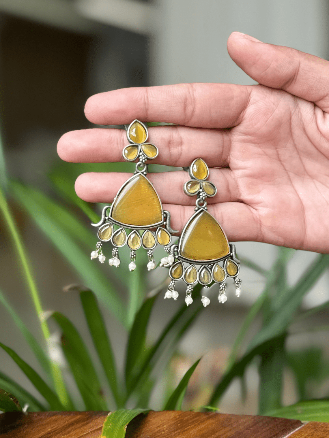 German Silver Stone Earrings With Pearl - Chowkhat Lifestyle