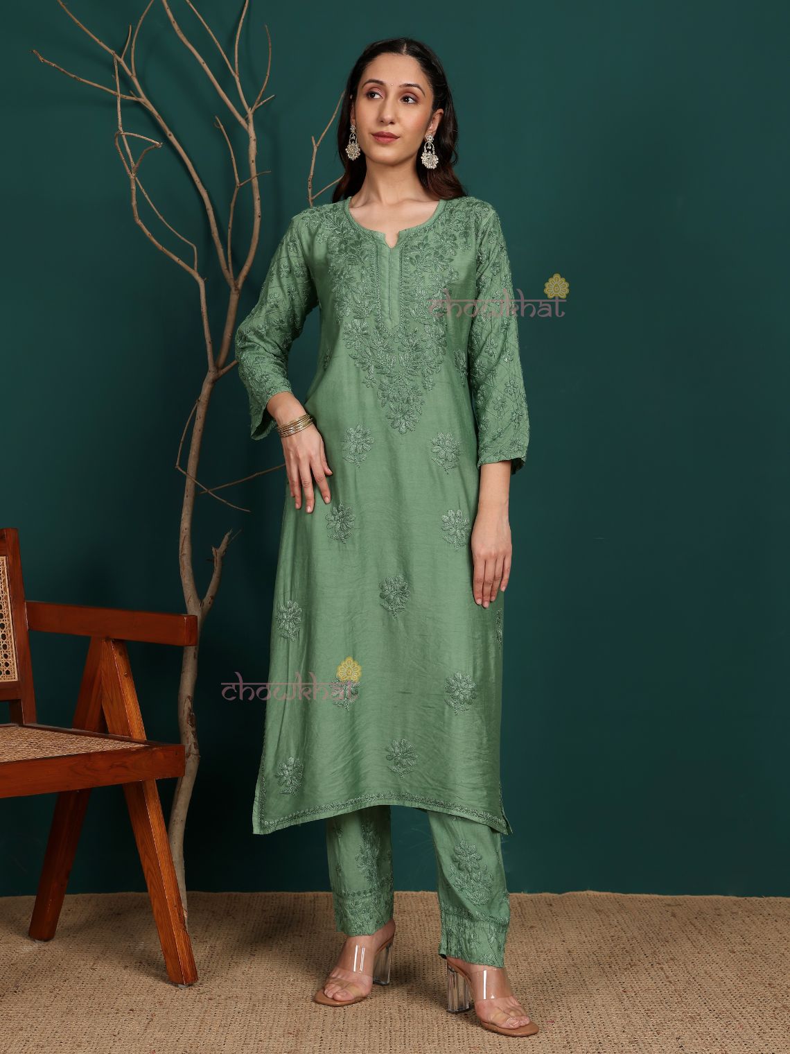 Ruhani Premium Chanderi Chikankari Kurti & Palazzo Set - Chowkhat Lifestyle