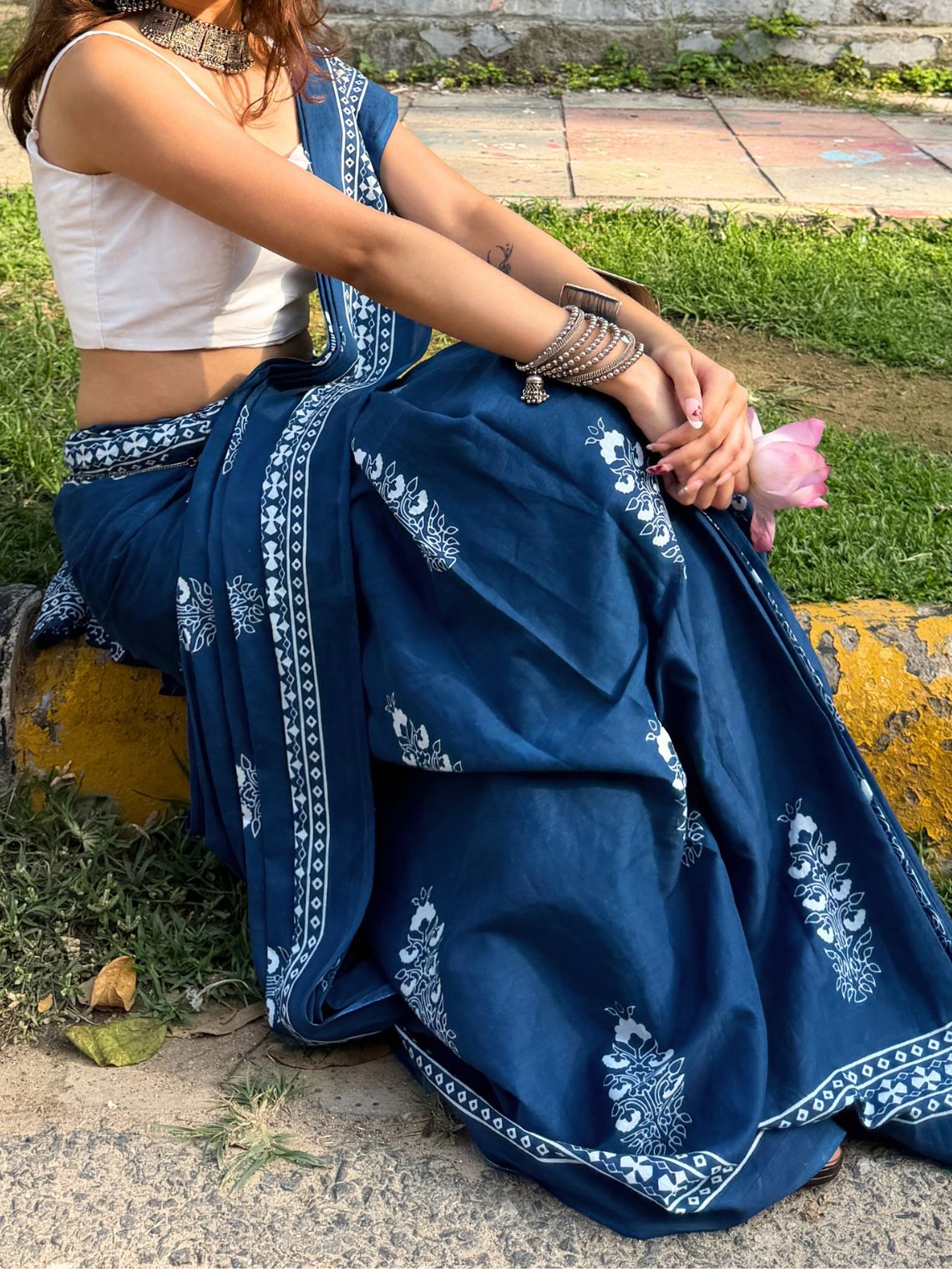 Nargis Pre- Draped Hand Printed Mul Cotton Saree - Chowkhat Lifestyle