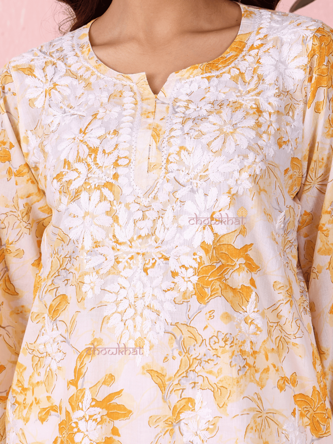 Sara Mul Cotton Straight Short Chikankari Kurti - Chowkhat Lifestyle