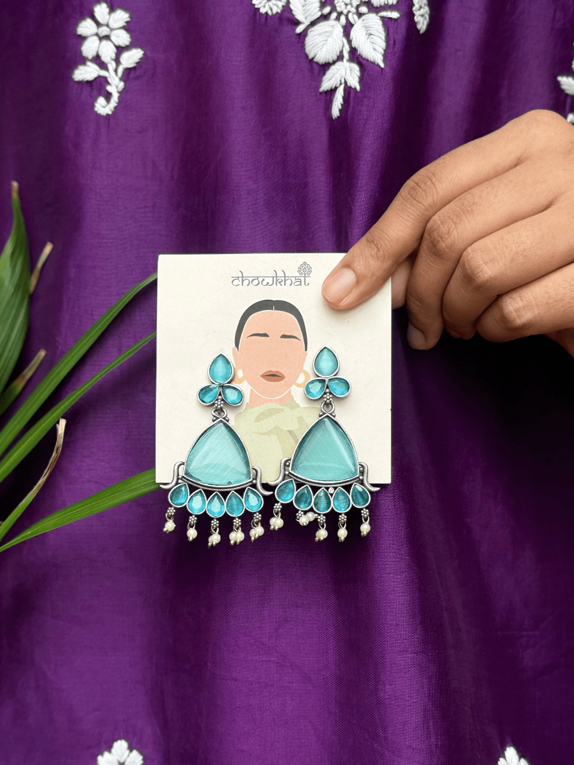 German Silver Stone Earrings With Pearl - Chowkhat Lifestyle