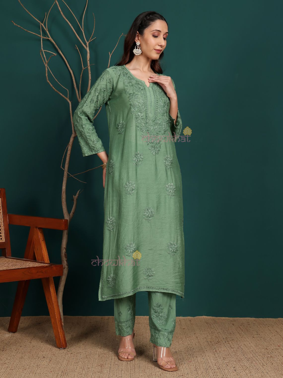 Ruhani Premium Chanderi Chikankari Kurti & Palazzo Set - Chowkhat Lifestyle